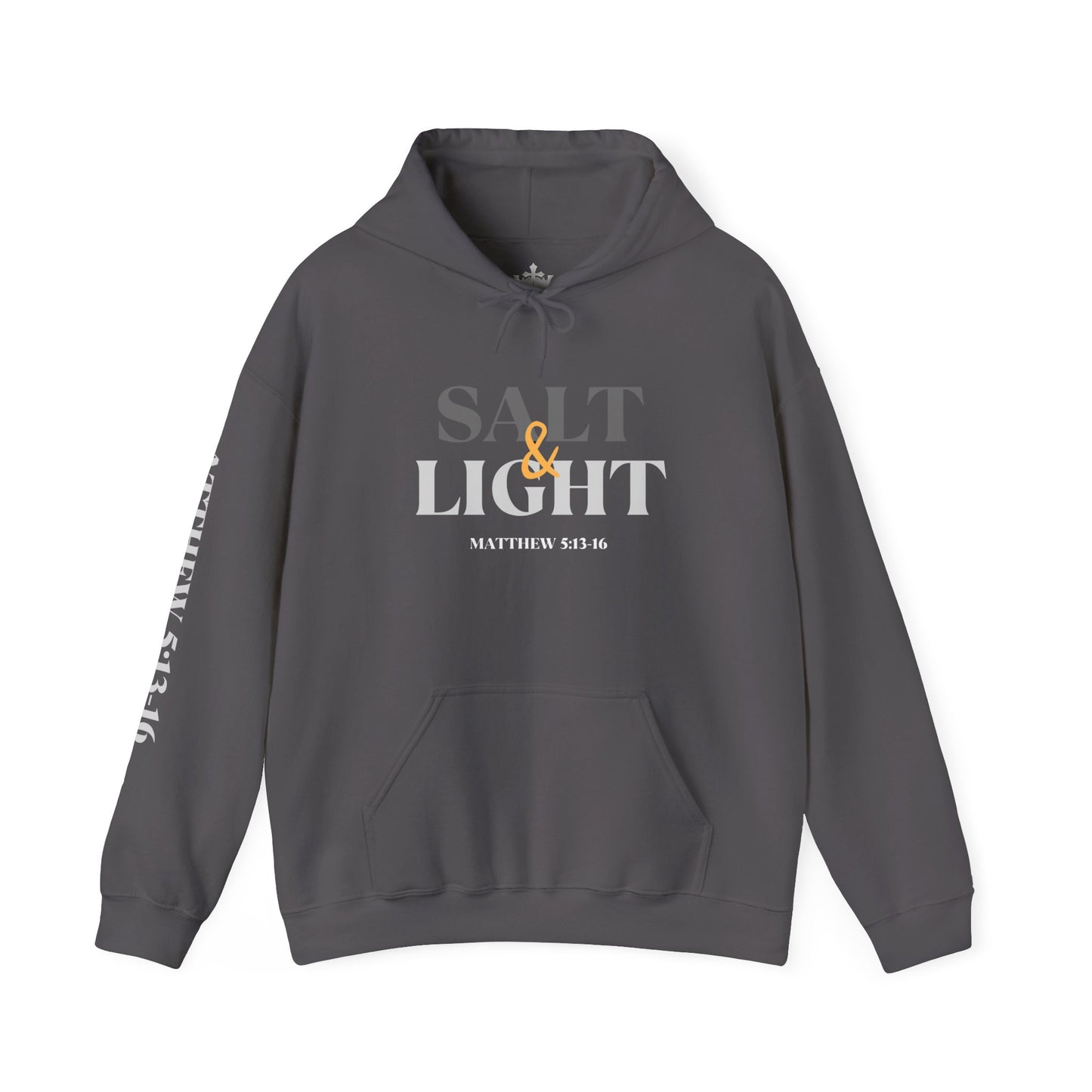 Salt and Light men's scripture hoodie displaying the bold front design in Charcoal
