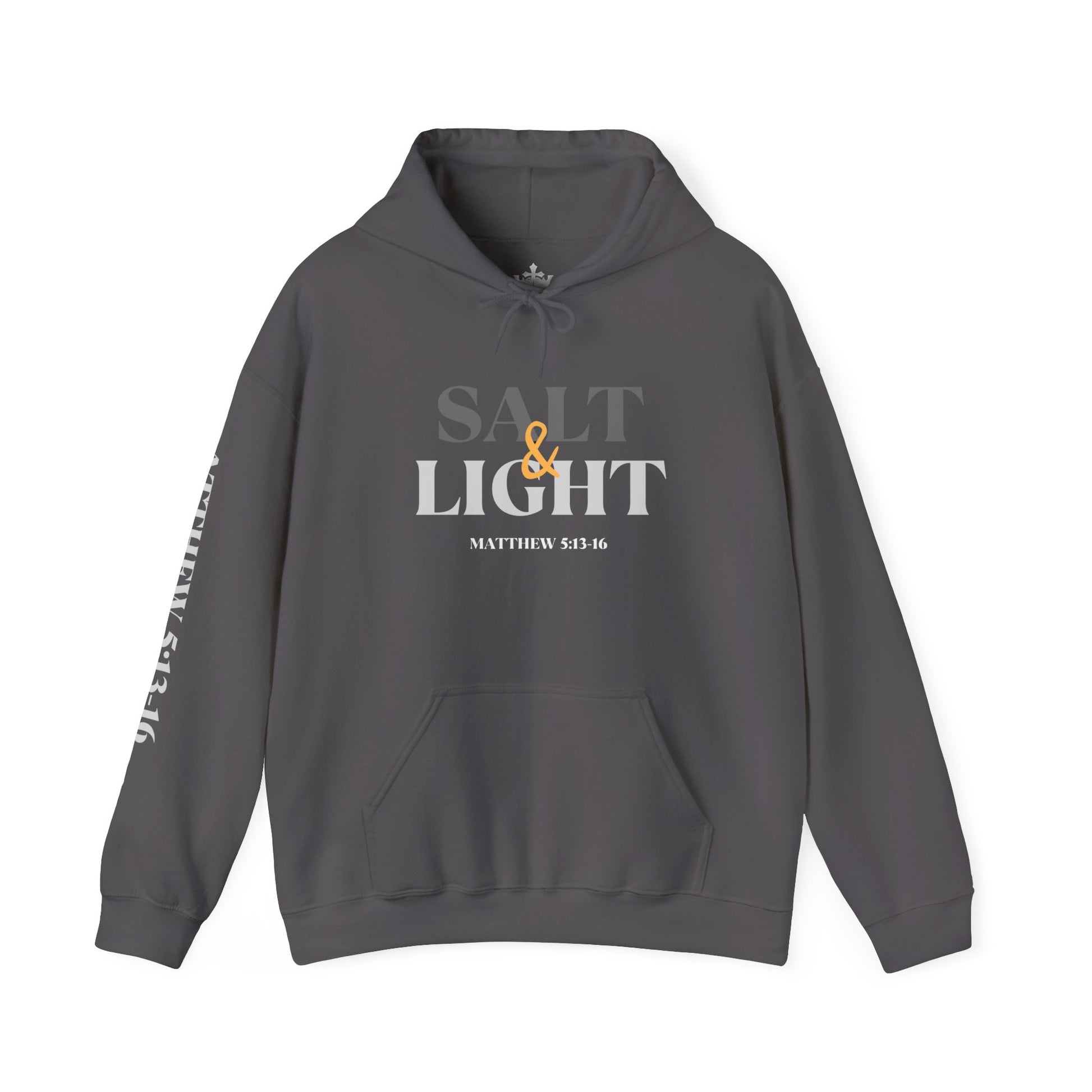Salt and Light men's scripture hoodie displaying the bold front design in Charcoal