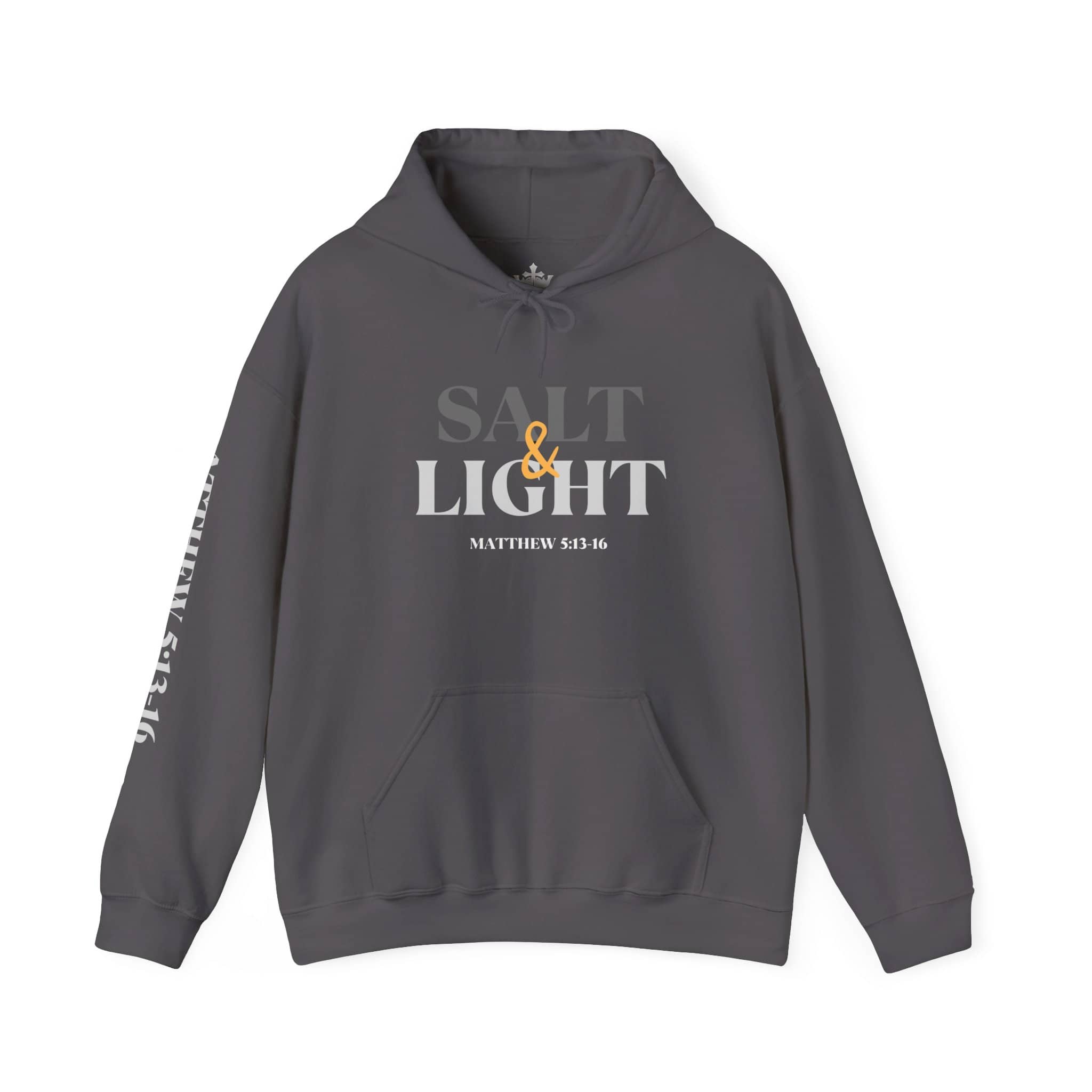 Salt and Light men's scripture hoodie displaying the bold front design in Charcoal