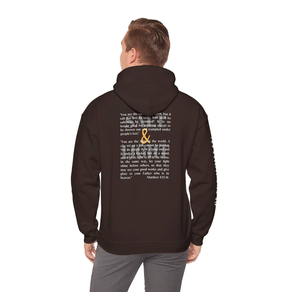 Dark Chocolate Salt and Light scripture hoodie by Logos Co. featuring faith-based text and a glowing light design on the back