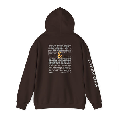 Brown Salt and Light scripture hoodie with Bible verse Matthew 5 13 16 text printed on back and sleeve