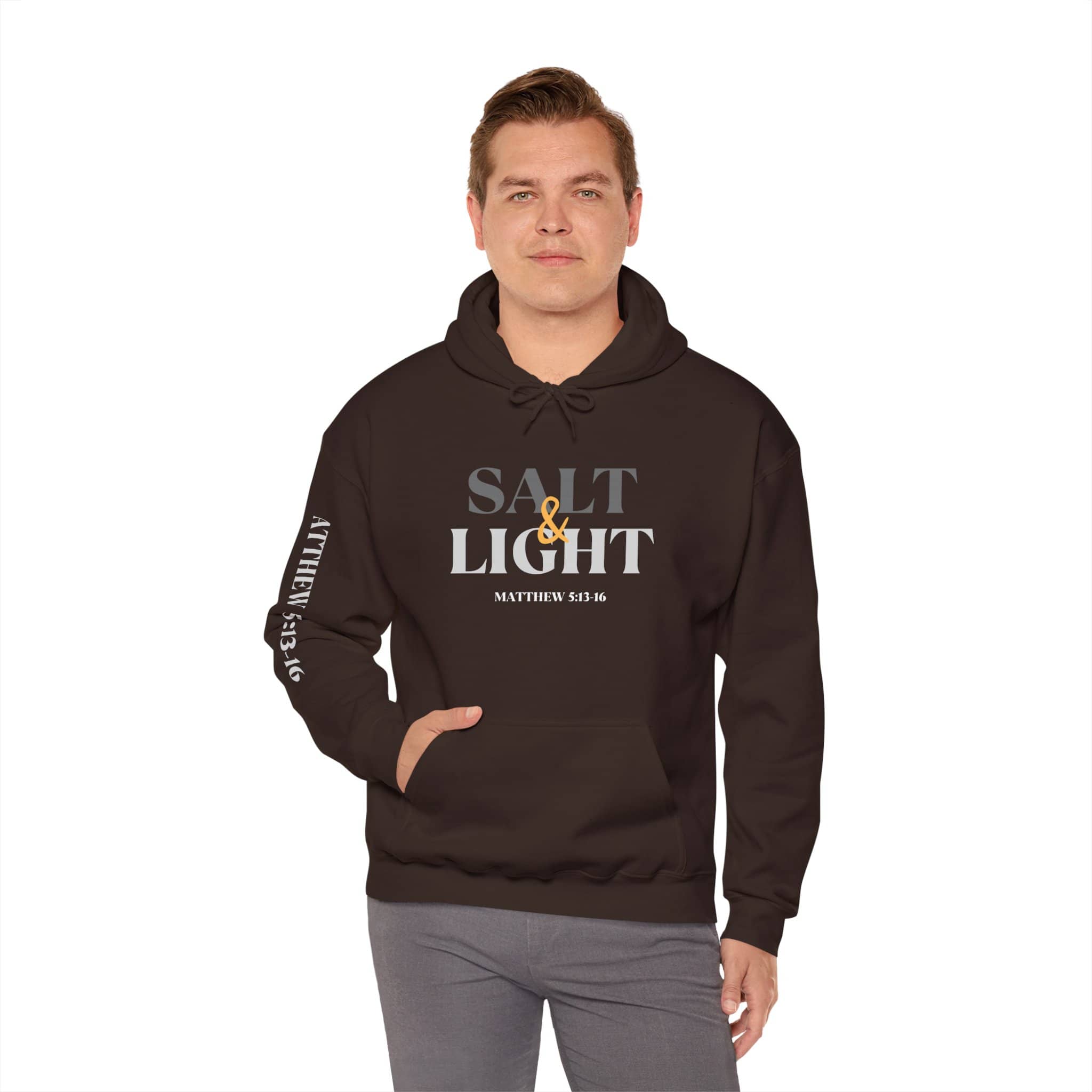 Salt and Light scripture hoodie in brown with Matthew 5 13-16 design on front and sleeve