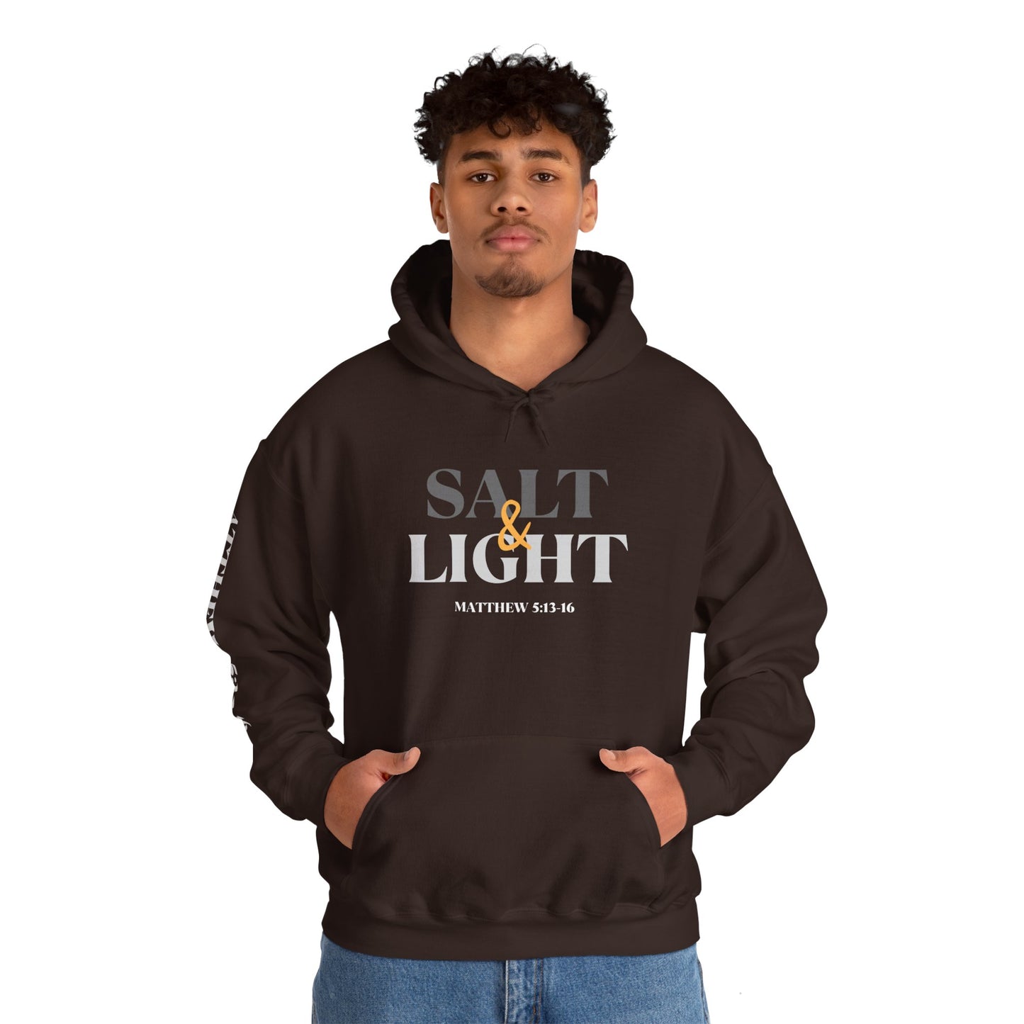 Brown Salt and Light scripture hoodie featuring Matthew 5:13-16 graphic design for casual wear