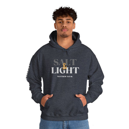 Men's Salt and Light scripture hoodie in Heather Sport Dark Gray featuring Matthew 5:13-16 on the sleeve