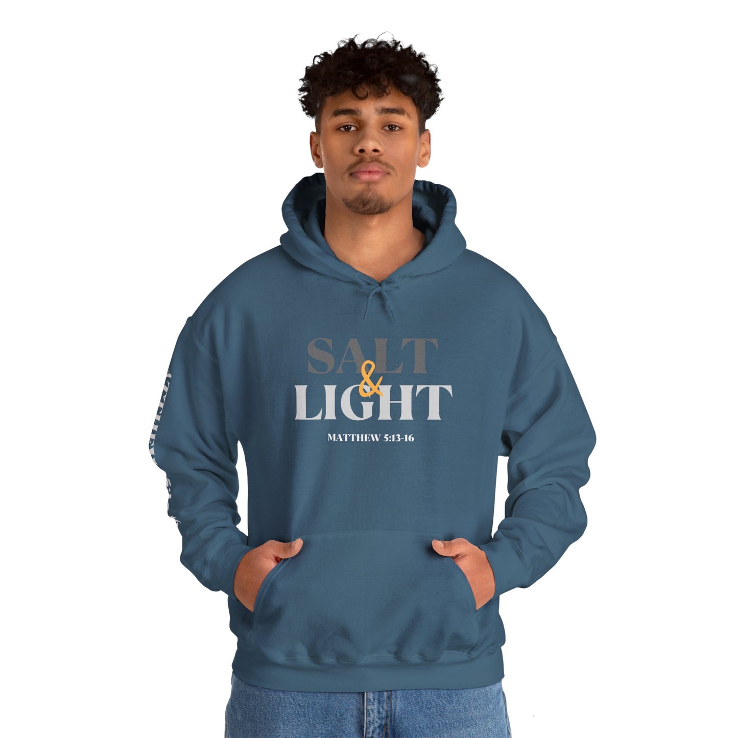 Salt and Light scripture hoodie in Indigo Blue with Matthew 5:13-16 printed on the back