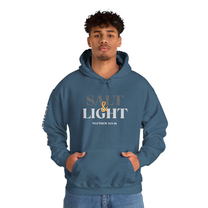 Salt and Light scripture hoodie in Indigo Blue with Matthew 5:13-16 printed on the back