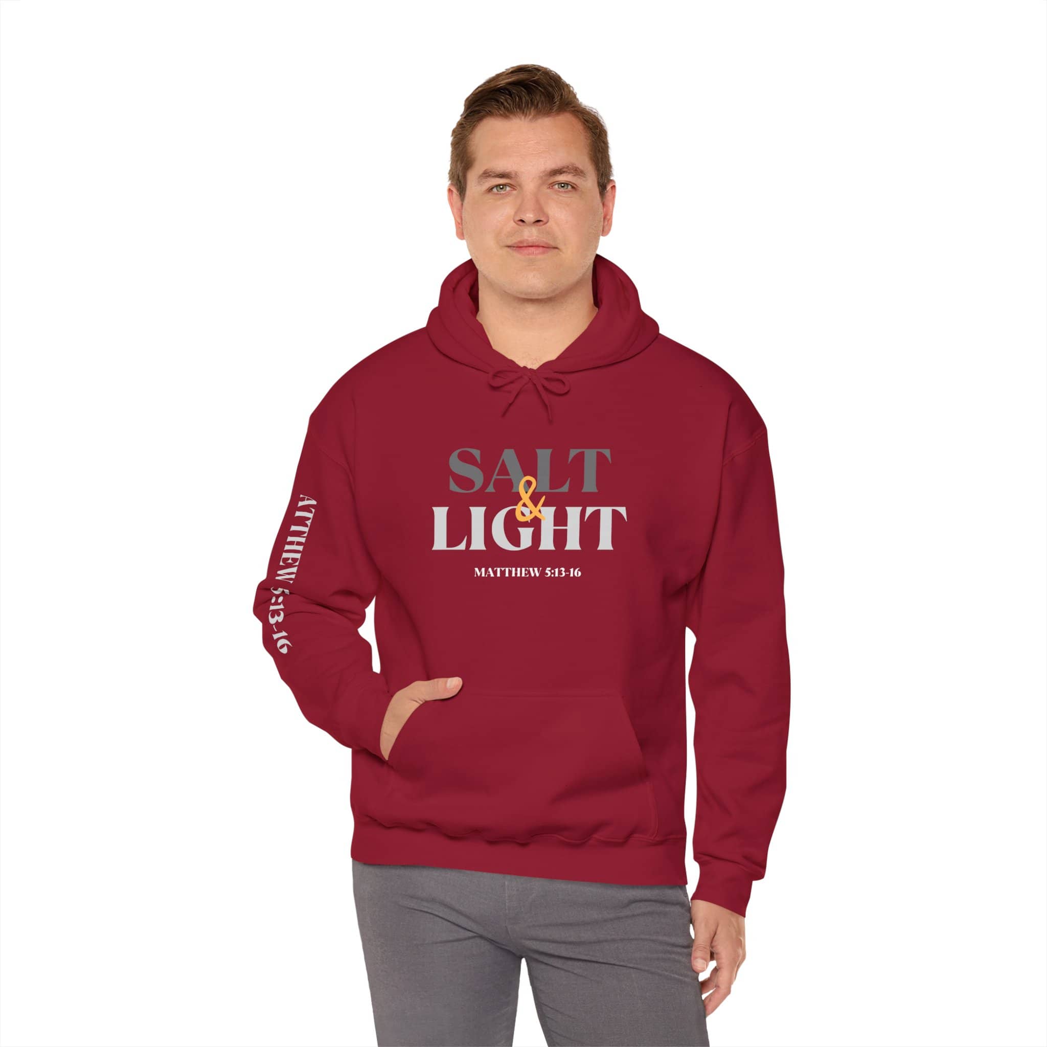 Salt and Light men's scripture hoodie in Cardinal Red with a front, back, and sleeve design