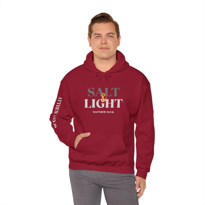 Salt and Light men's scripture hoodie in Cardinal Red with a front, back, and sleeve design
