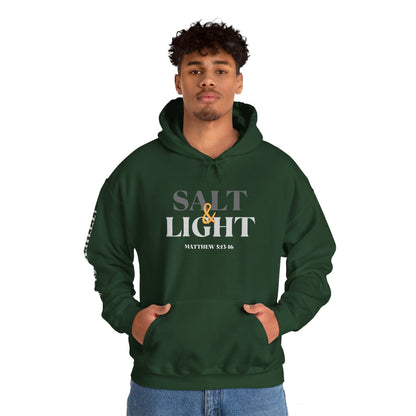 Forest Green Salt and Light men's scripture hoodie with Matthew 5:16 printed on the sleeve