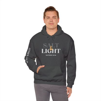 Salt and Light scripture hoodie in Dark Heather with Matthew 5 13-16 Bible verse design