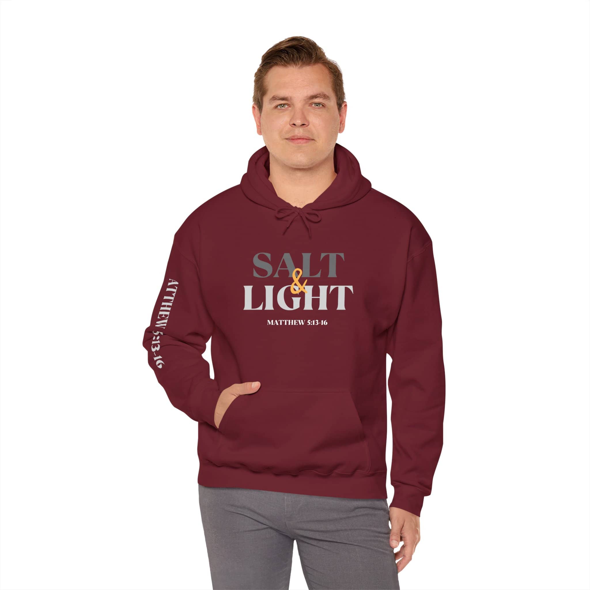 Salt and Light men's scripture hoodie in Garnet with a front, back, and sleeve design