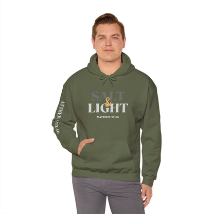 Logos Co. military green Salt and Light scripture hoodie with Matthew 5 13 16 text worn by man