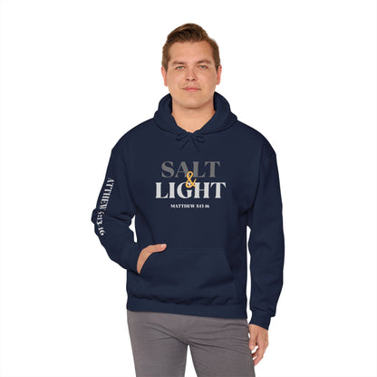 Navy Salt and Light scripture hoodie by Printify with Matthew 5:13-16 verse printed on front and sleeve