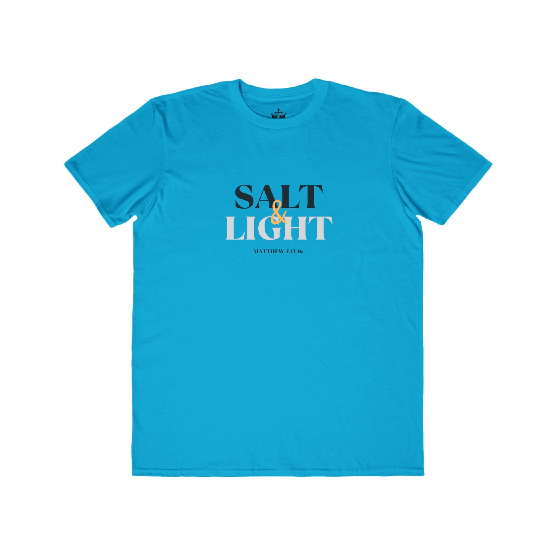 Bright blue Salt & Light scripture shirt featuring Matthew 5:13-16 for casual wear