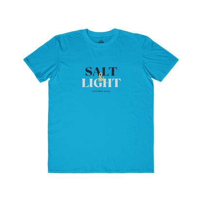 Bright blue Salt & Light scripture shirt featuring Matthew 5:13-16 for casual wear