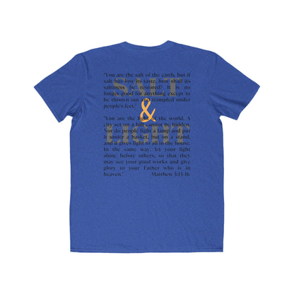 Blue Salt & Light scripture shirt with a motivational quote from Matthew 5:13-16 on the back