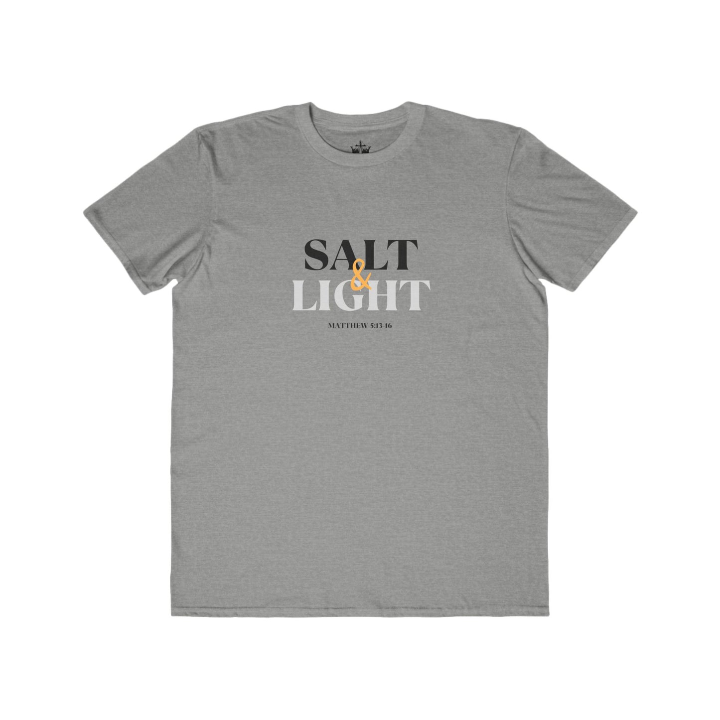 Gray Salt & Light scripture shirt featuring Matthew 5:14 graphic design