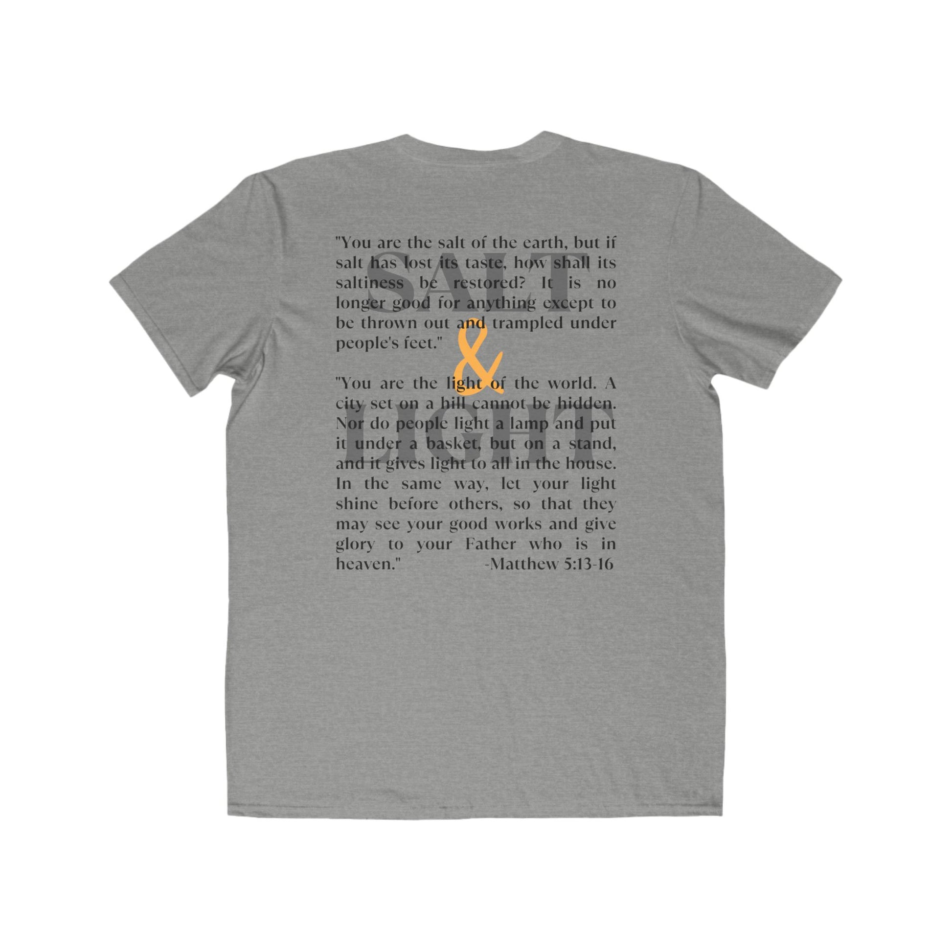 Gray Salt & Light scripture shirt featuring Matthew 5:13-16 inspirational quote