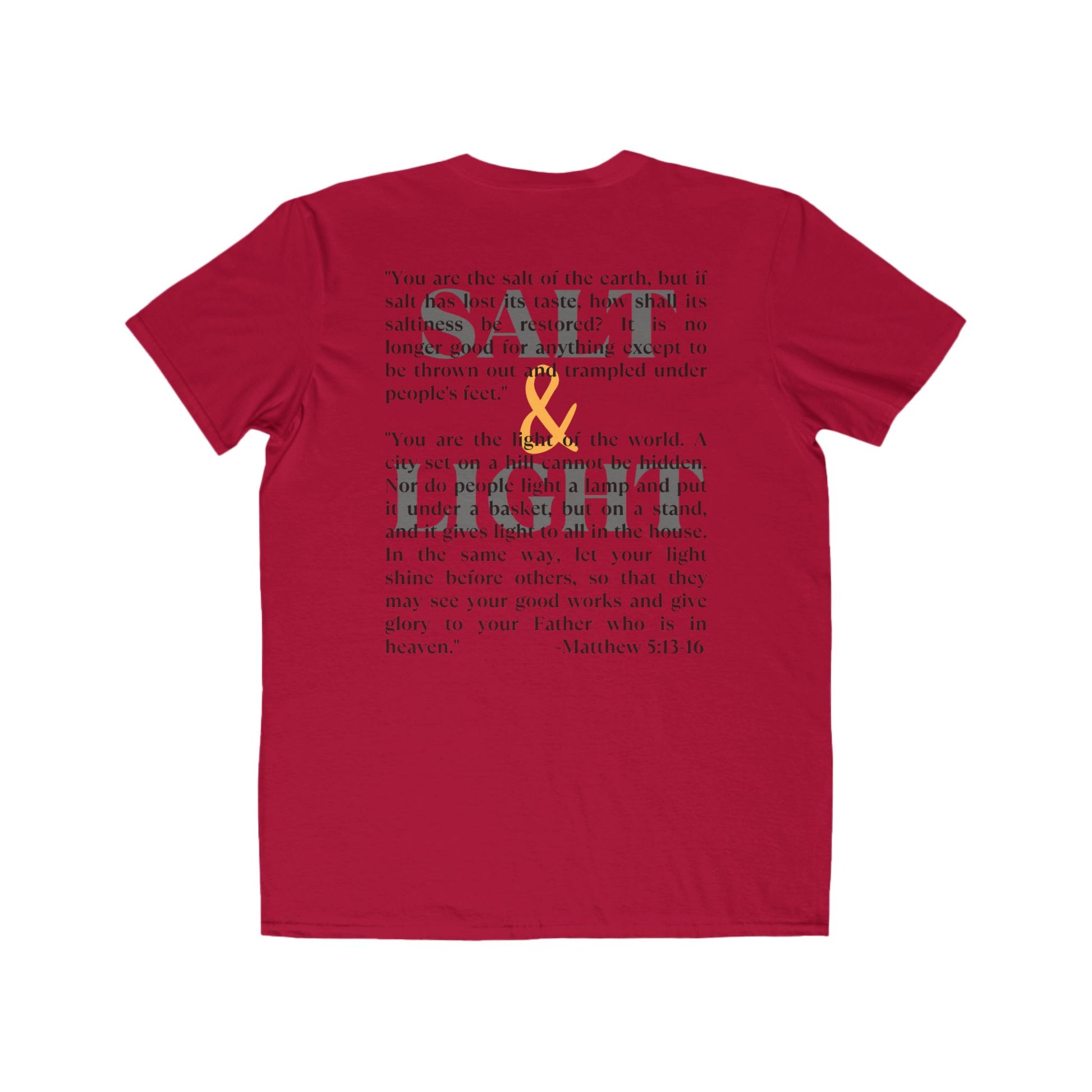 Salt & Light scripture shirt in red featuring Matthew 5:13-16 text design on the back