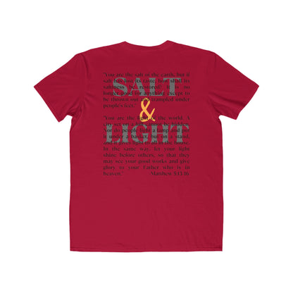 Salt & Light scripture shirt in red featuring Matthew 5:13-16 text design on the back