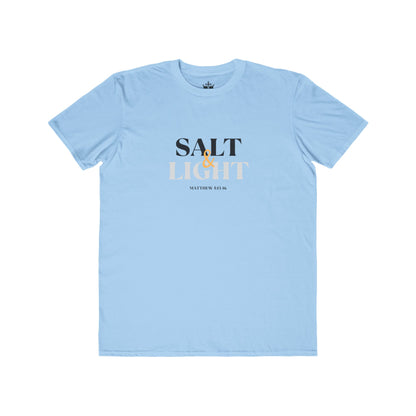 Light blue Salt & Light scripture shirt featuring Matthew 5:16 in stylish typography
