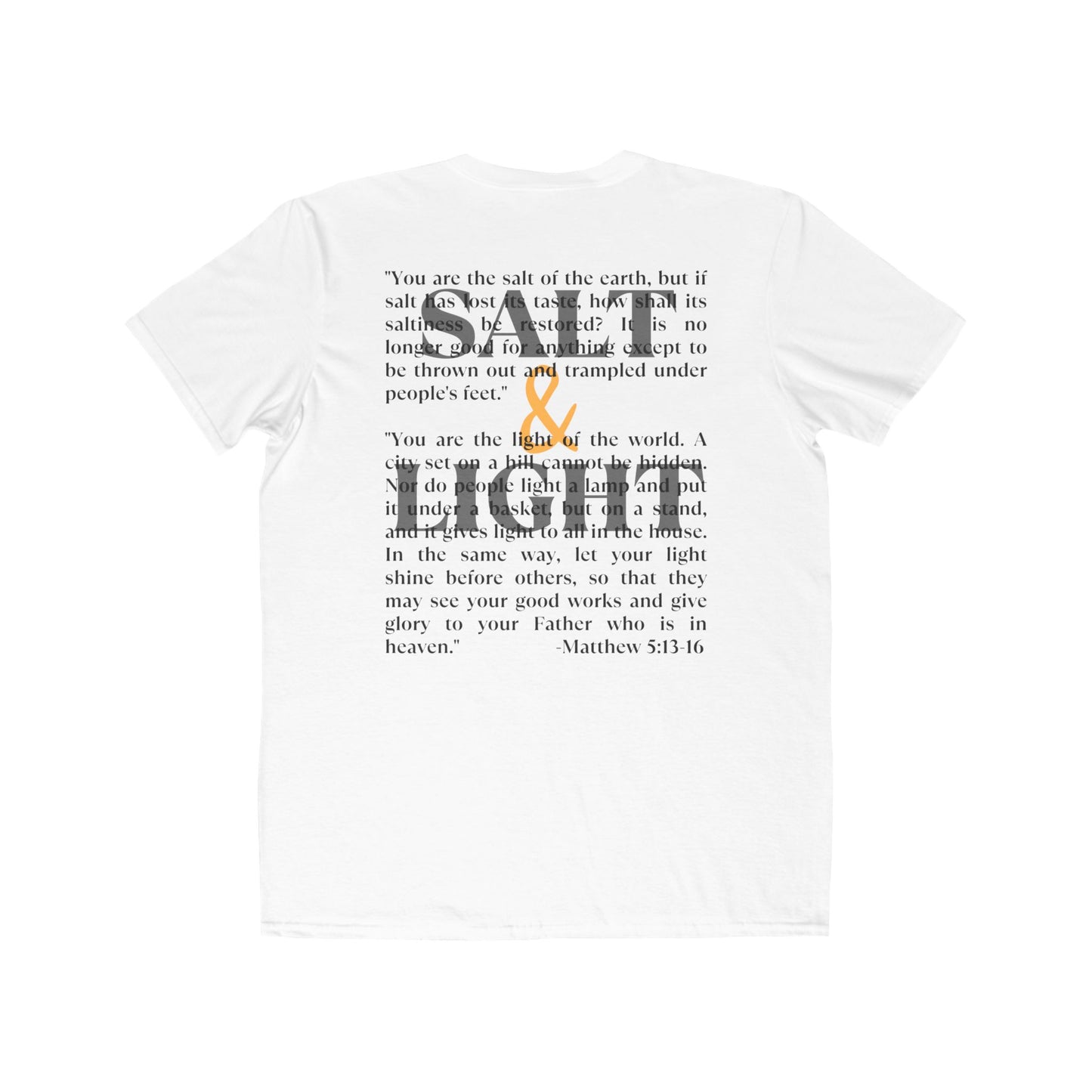 Salt & Light scripture shirt in white featuring biblical text design on the back