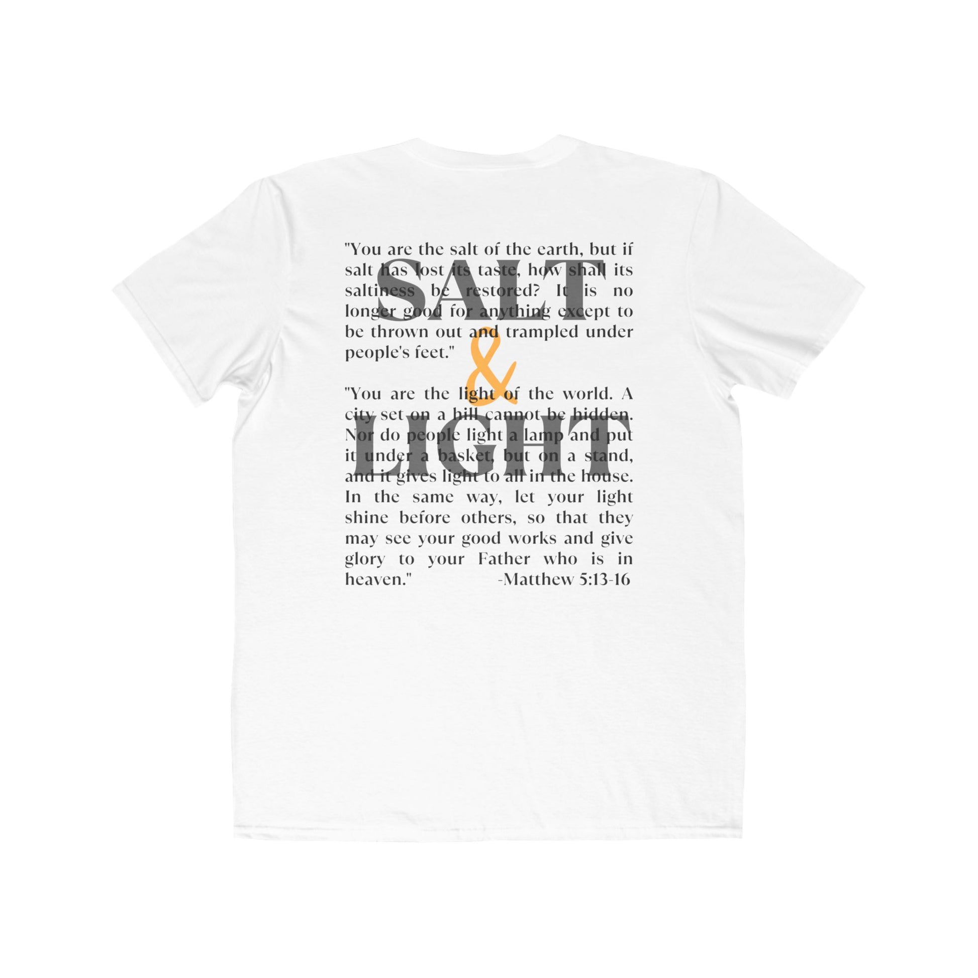 Salt & Light scripture shirt in white featuring biblical text design on the back