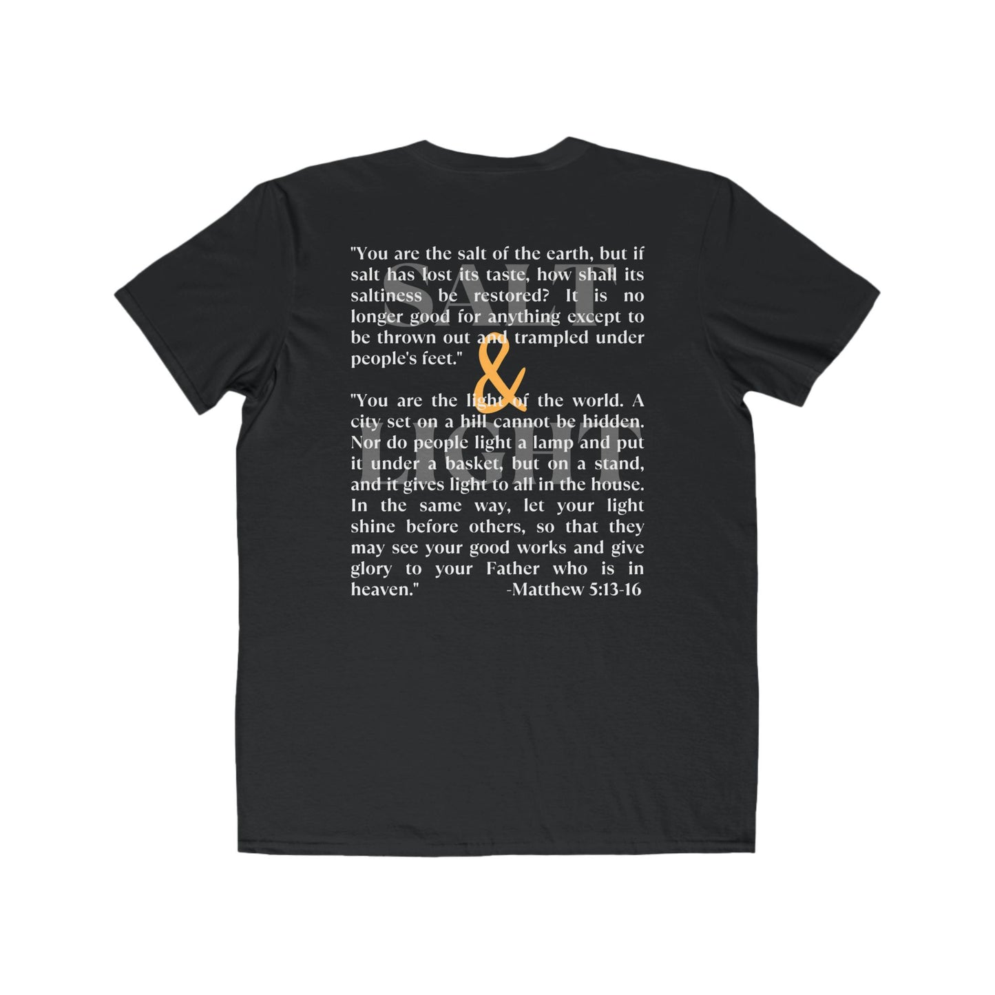 Salt and Light scripture t-shirt featuring a Bible verse design on a black background
