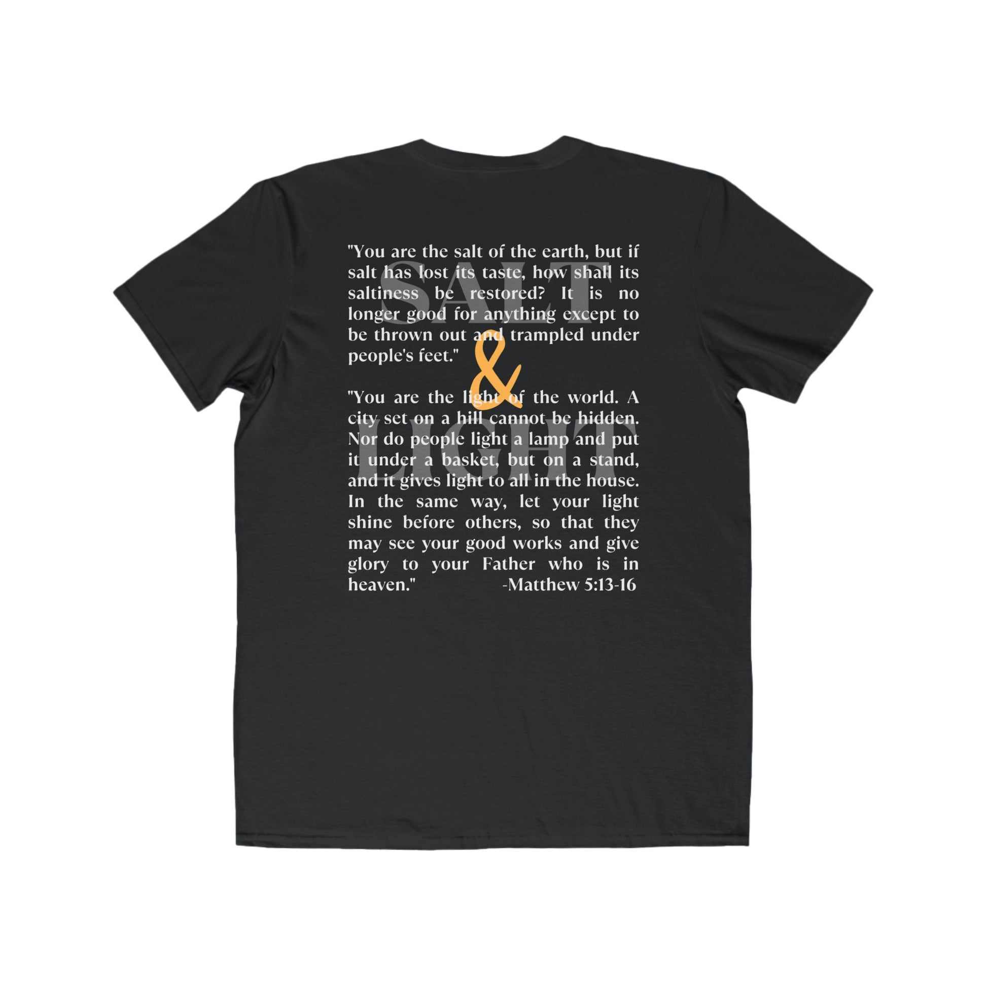 Salt and Light scripture t-shirt featuring a Bible verse design on a black background