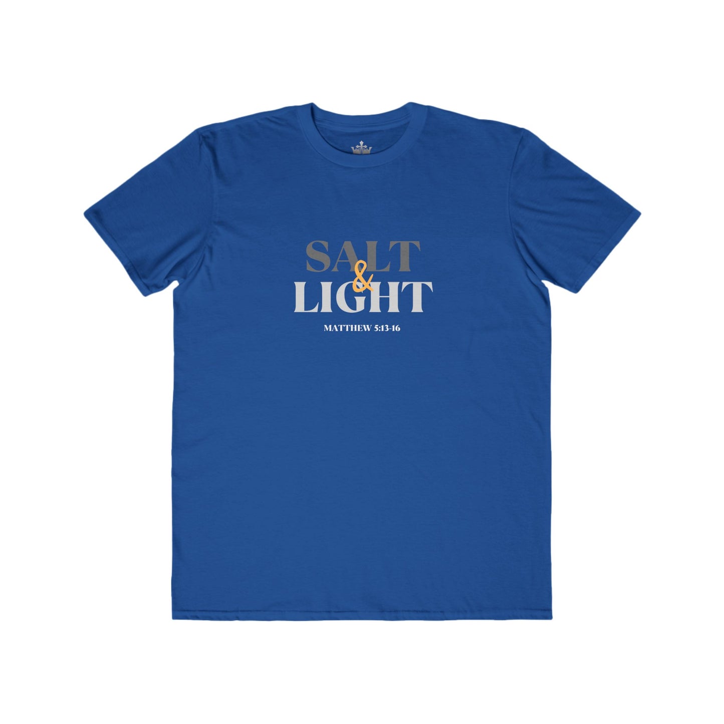 Blue Salt and Light scripture t-shirt featuring Matthew 5:16 in bold typography