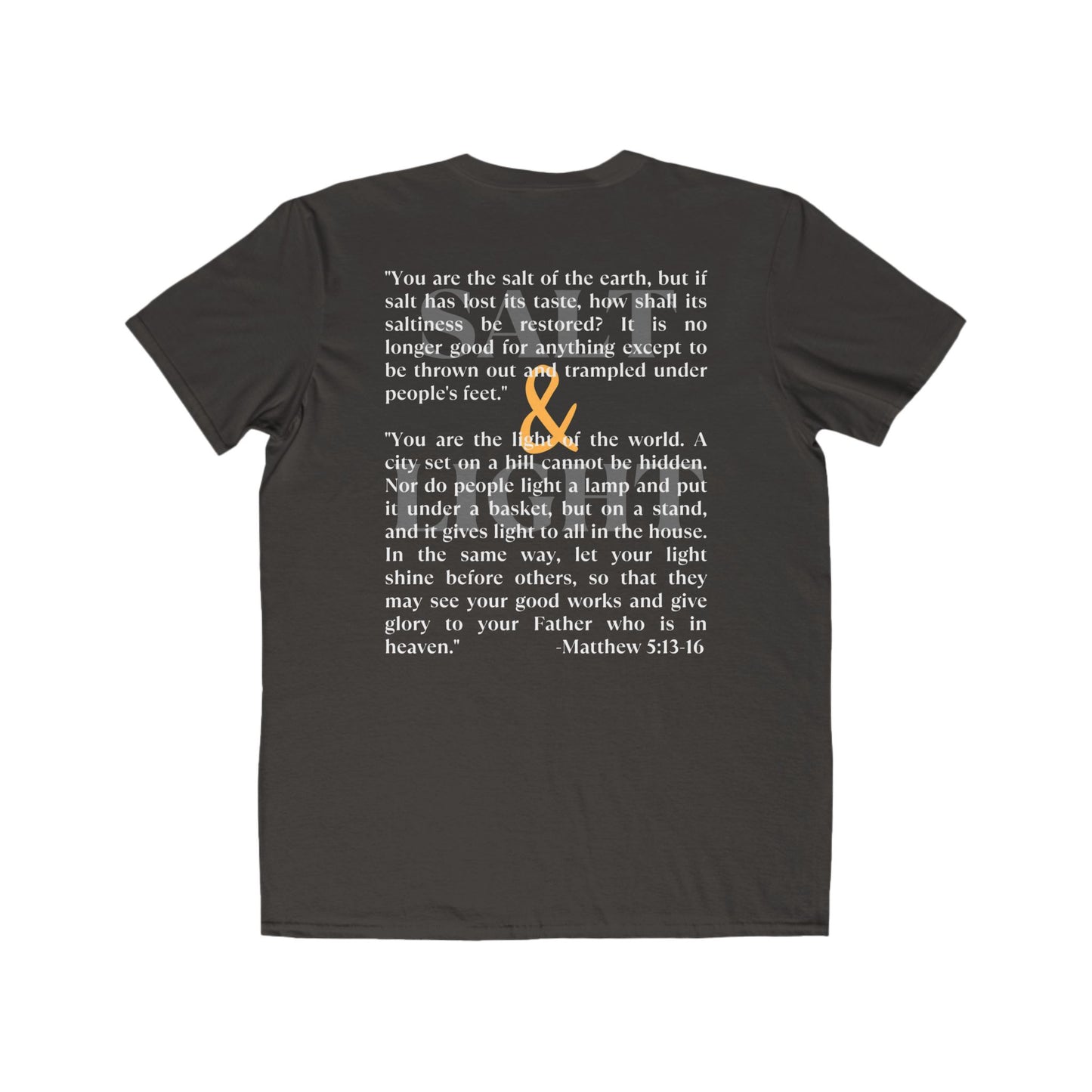 Salt and Light scripture t-shirt featuring Matthew 5:13-16 design on a dark fabric