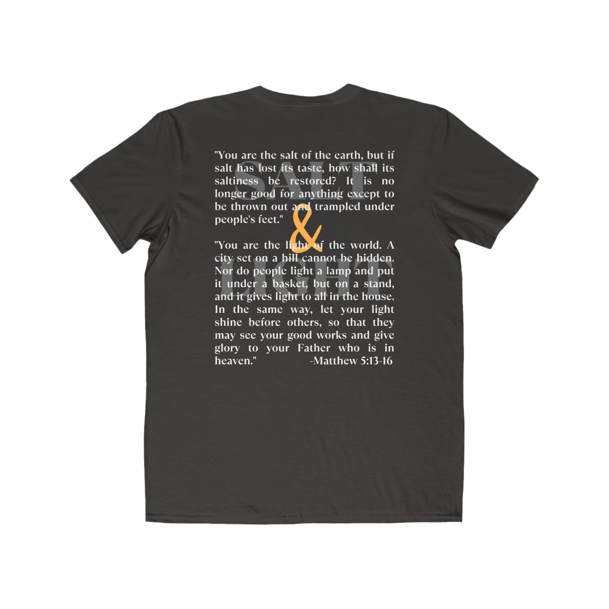 Salt and Light scripture t-shirt featuring Matthew 5:13-16 design on a dark fabric