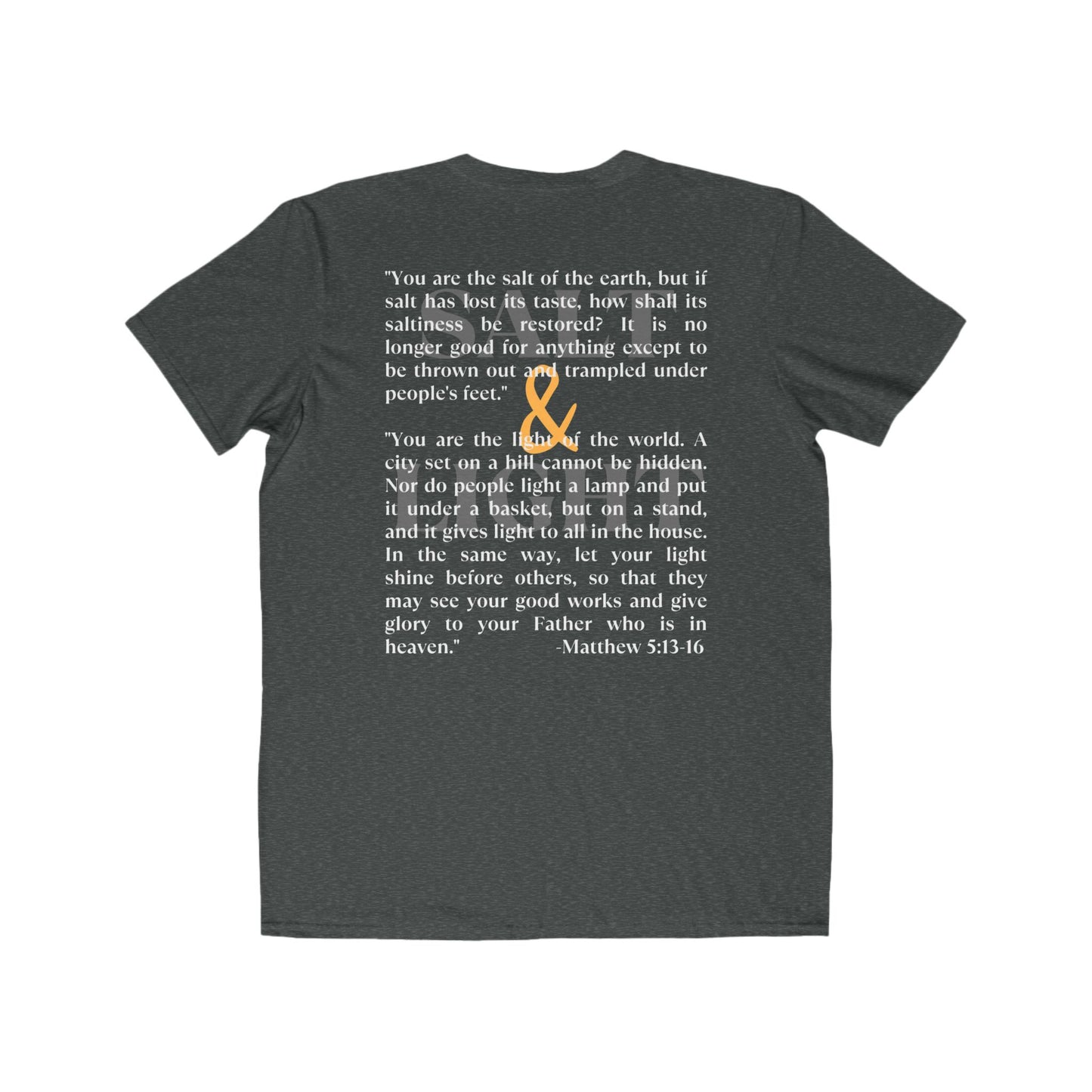 Salt and Light scripture t-shirt featuring Matthew 5:13-16 inspirational quote in white text on a charcoal background