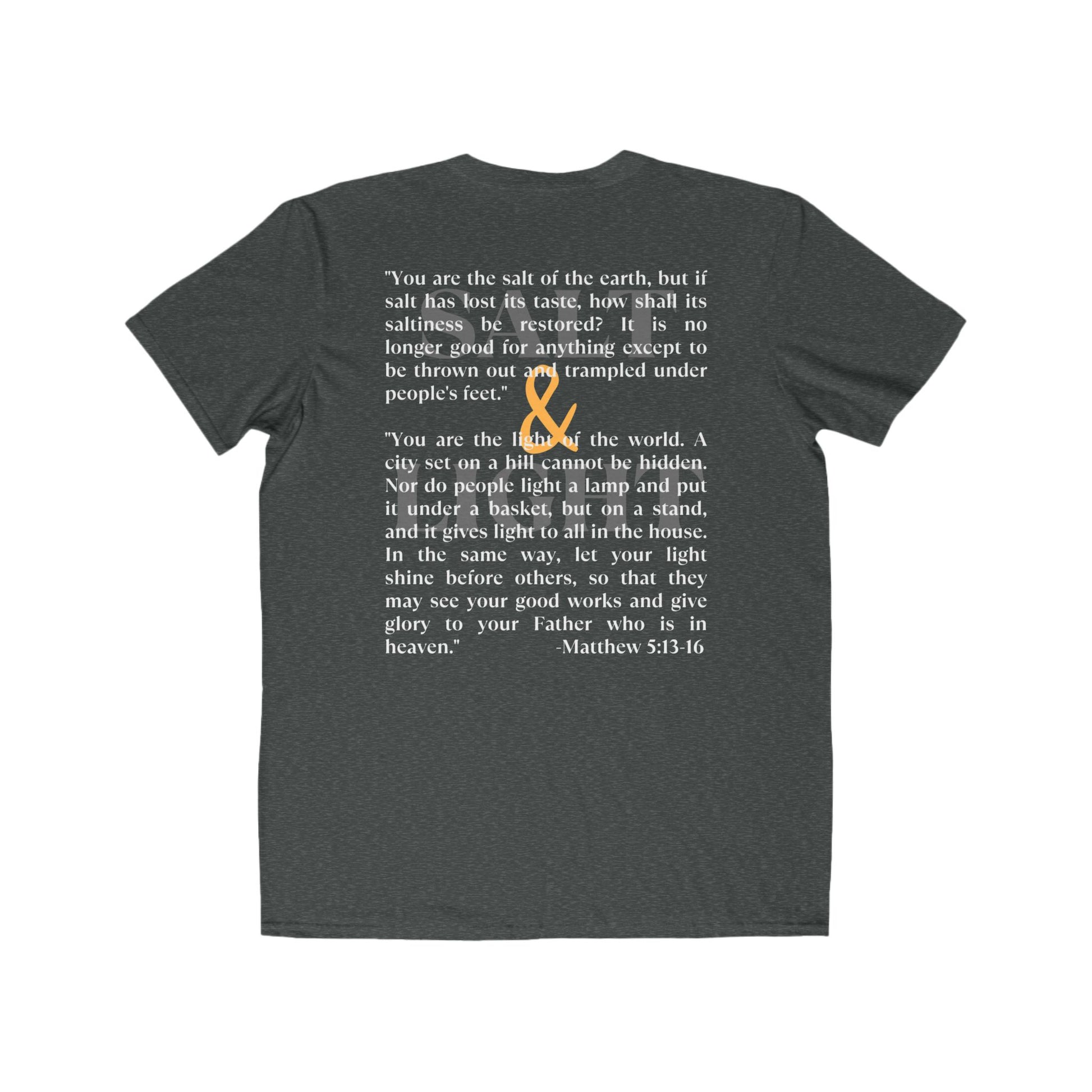 Salt and Light scripture t-shirt featuring Matthew 5:13-16 inspirational quote in white text on a charcoal background