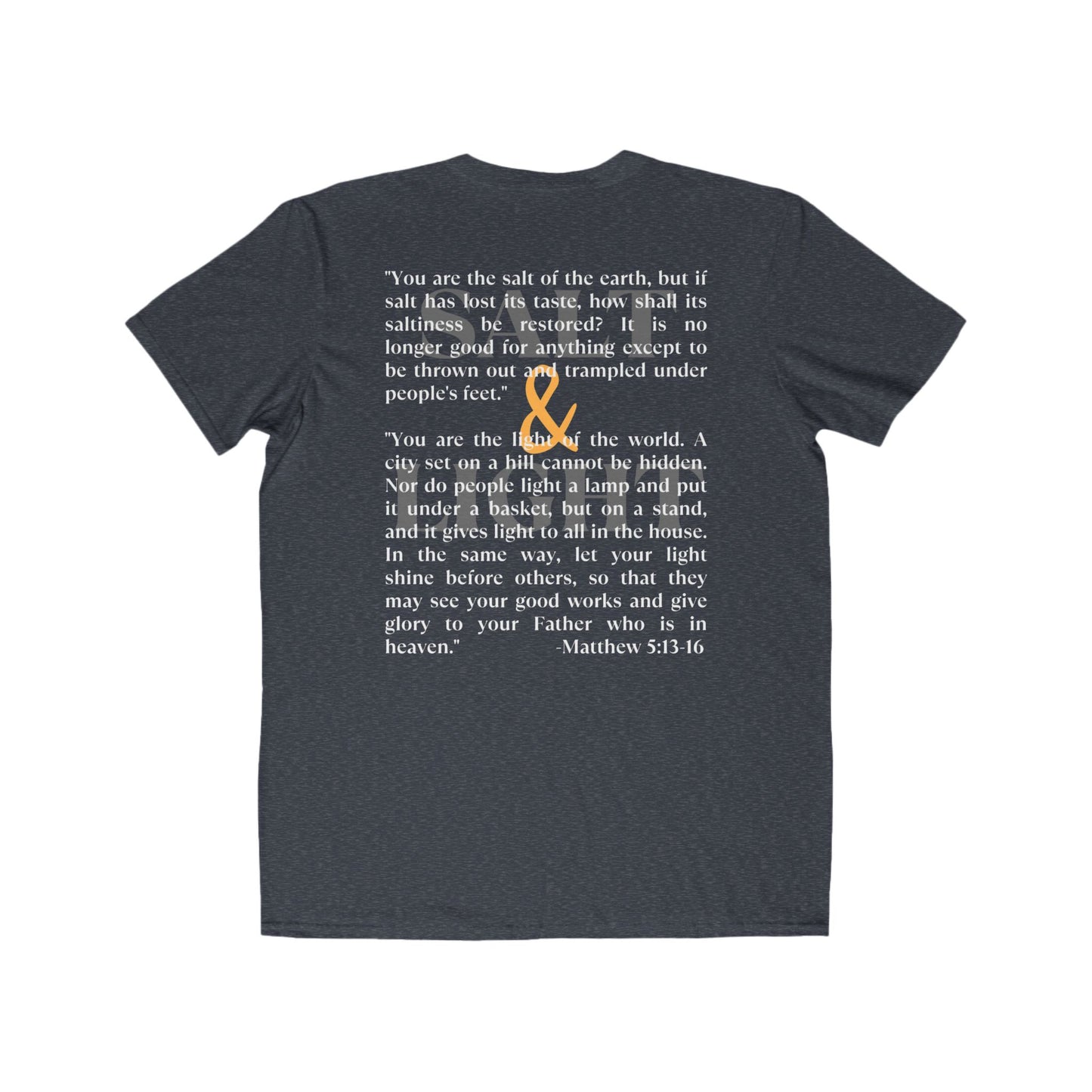 Salt and Light scripture t-shirt featuring Matthew 5:13-16 printed on a dark fabric