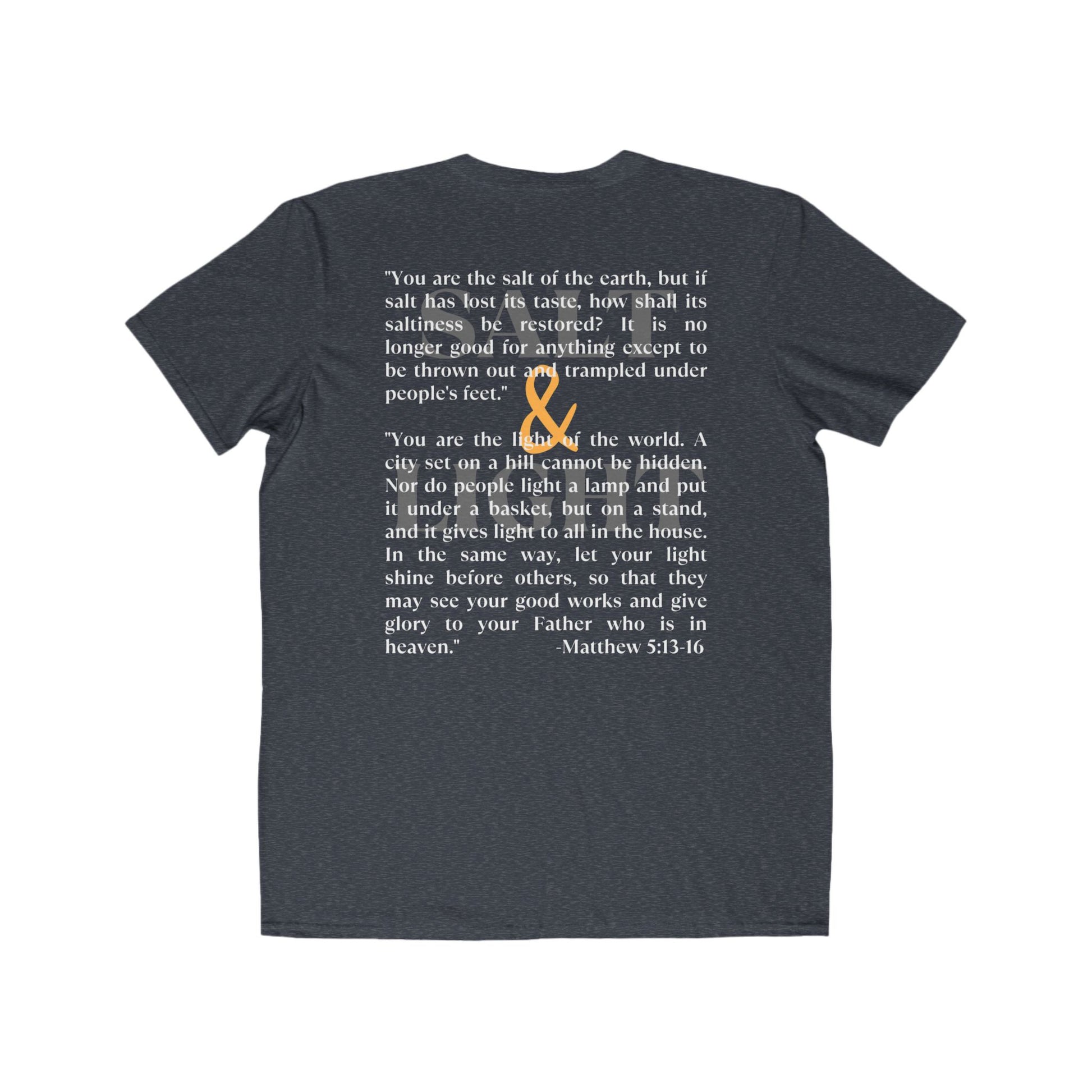 Salt and Light scripture t-shirt featuring Matthew 5:13-16 printed on a dark fabric