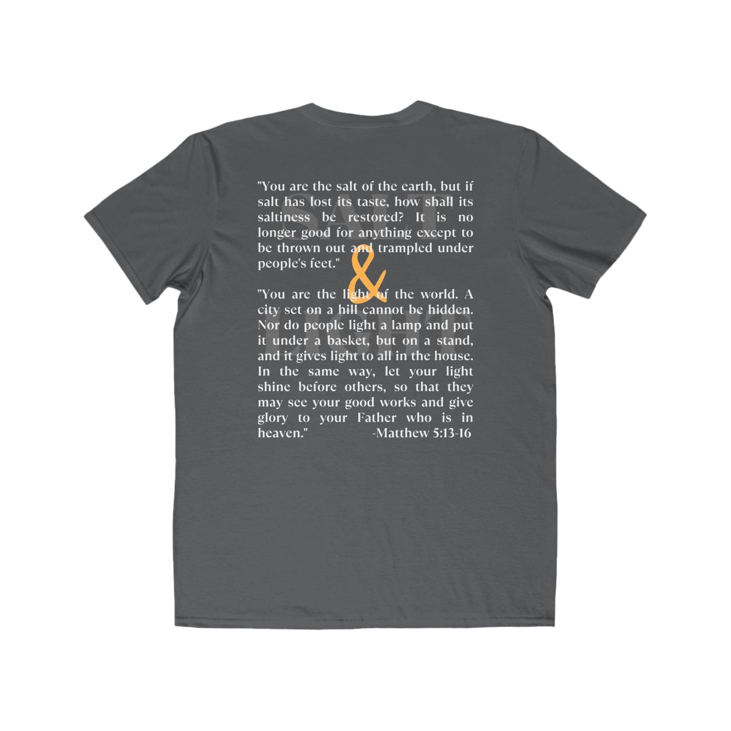 Salt and Light scripture t-shirt with inspirational text on a gray background for casual wear