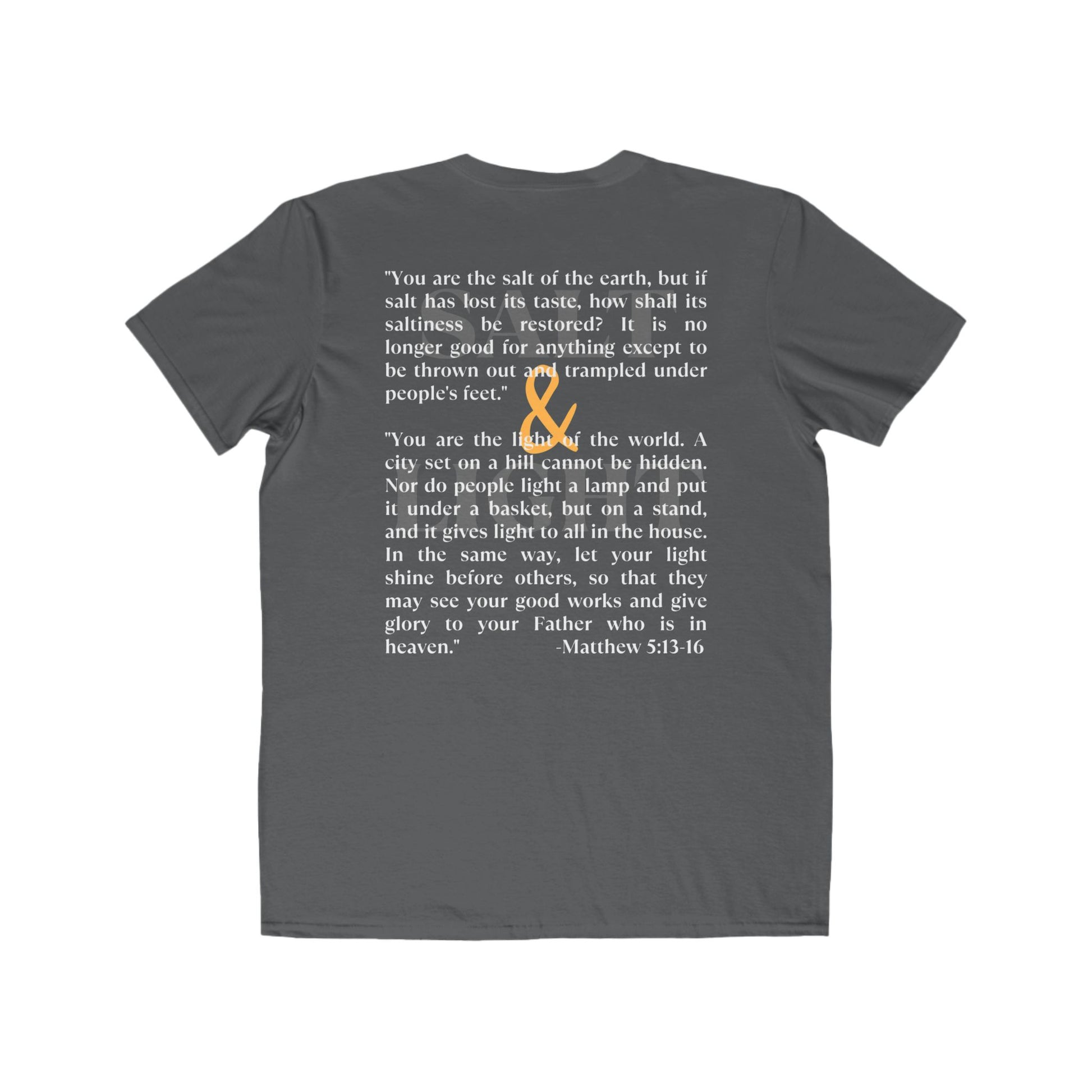 Salt and Light scripture t-shirt with inspirational text on a gray background for casual wear