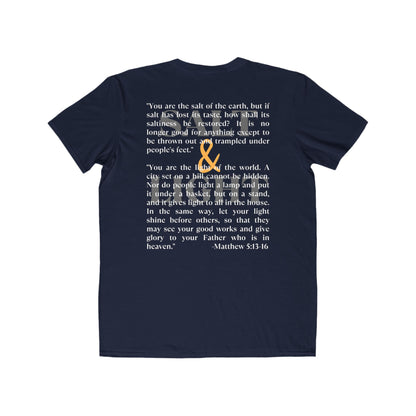 Navy Salt and Light scripture t-shirt with inspirational quote from Matthew 5:16