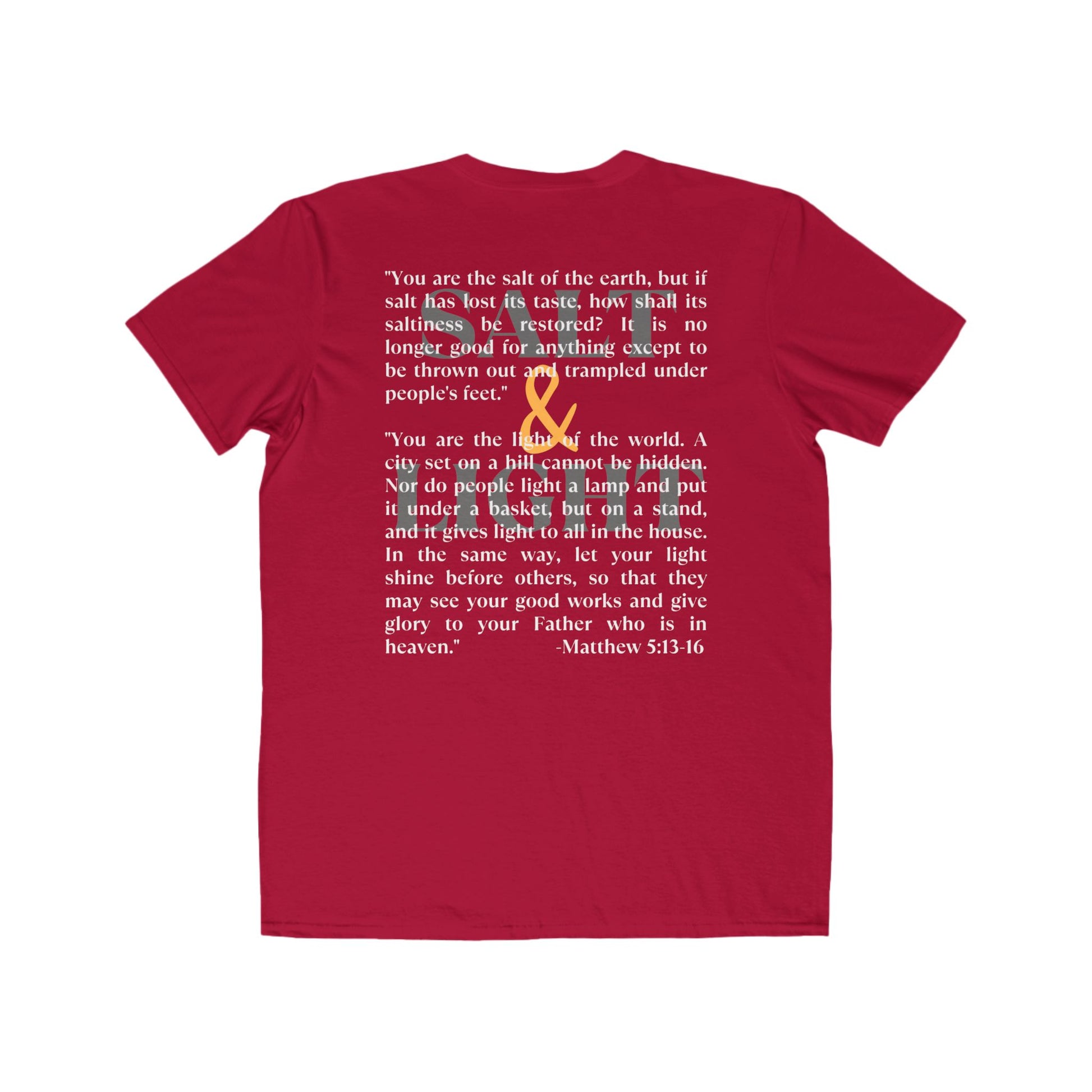 Red Salt and Light scripture t-shirt featuring Matthew 5:13-16 inspirational design