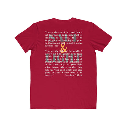 Red Salt and Light scripture t-shirt featuring Matthew 5:13-16 inspirational design