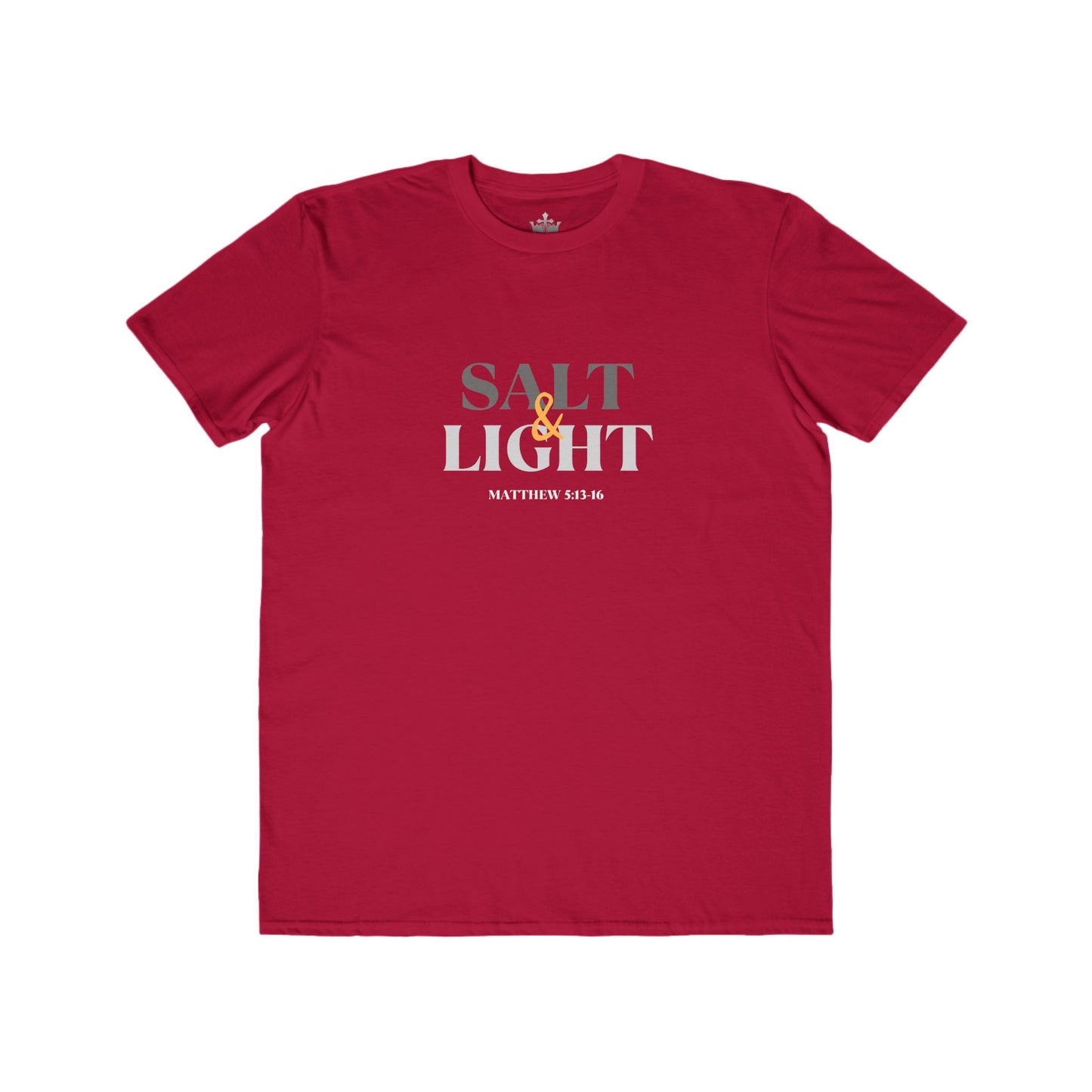 Red Salt and Light scripture t-shirt featuring Matthew 5:16 in stylish font