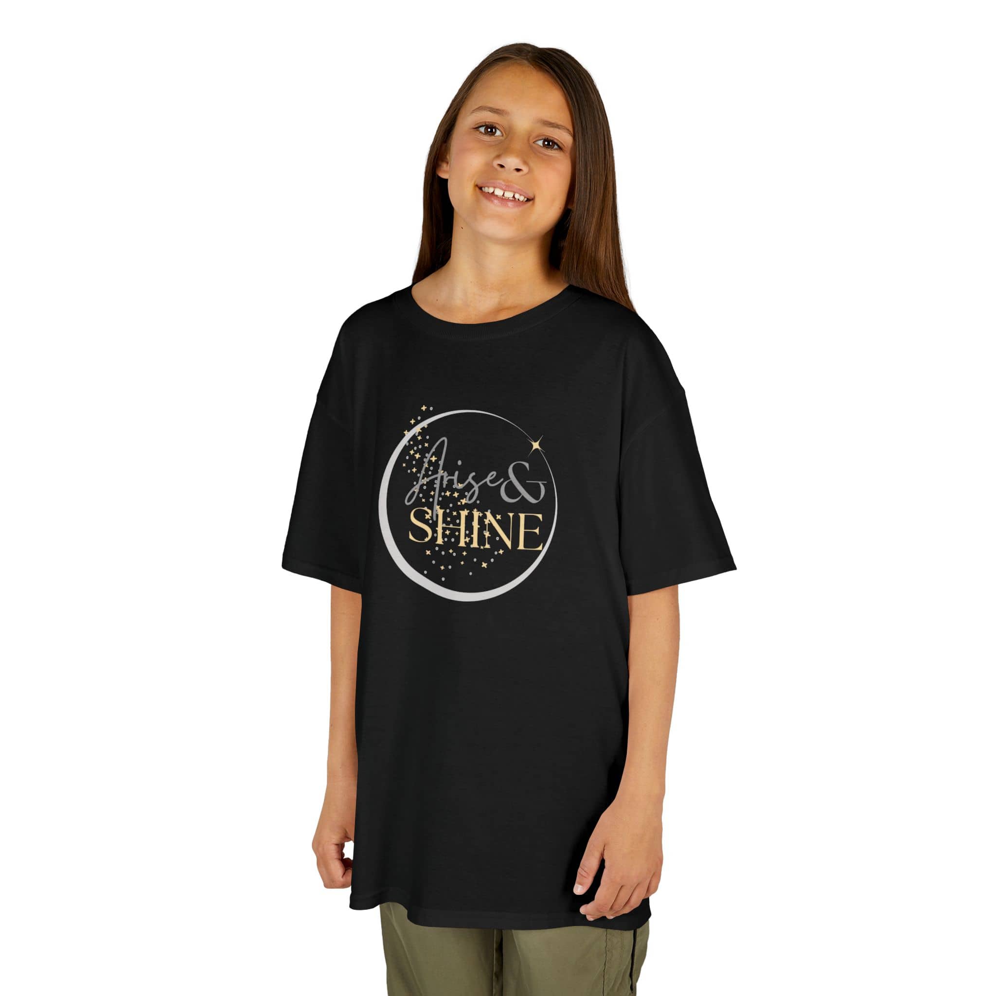 Girl wearing black Scripture design junior shirt with gold and white Arise and Shine print from Logos Co.