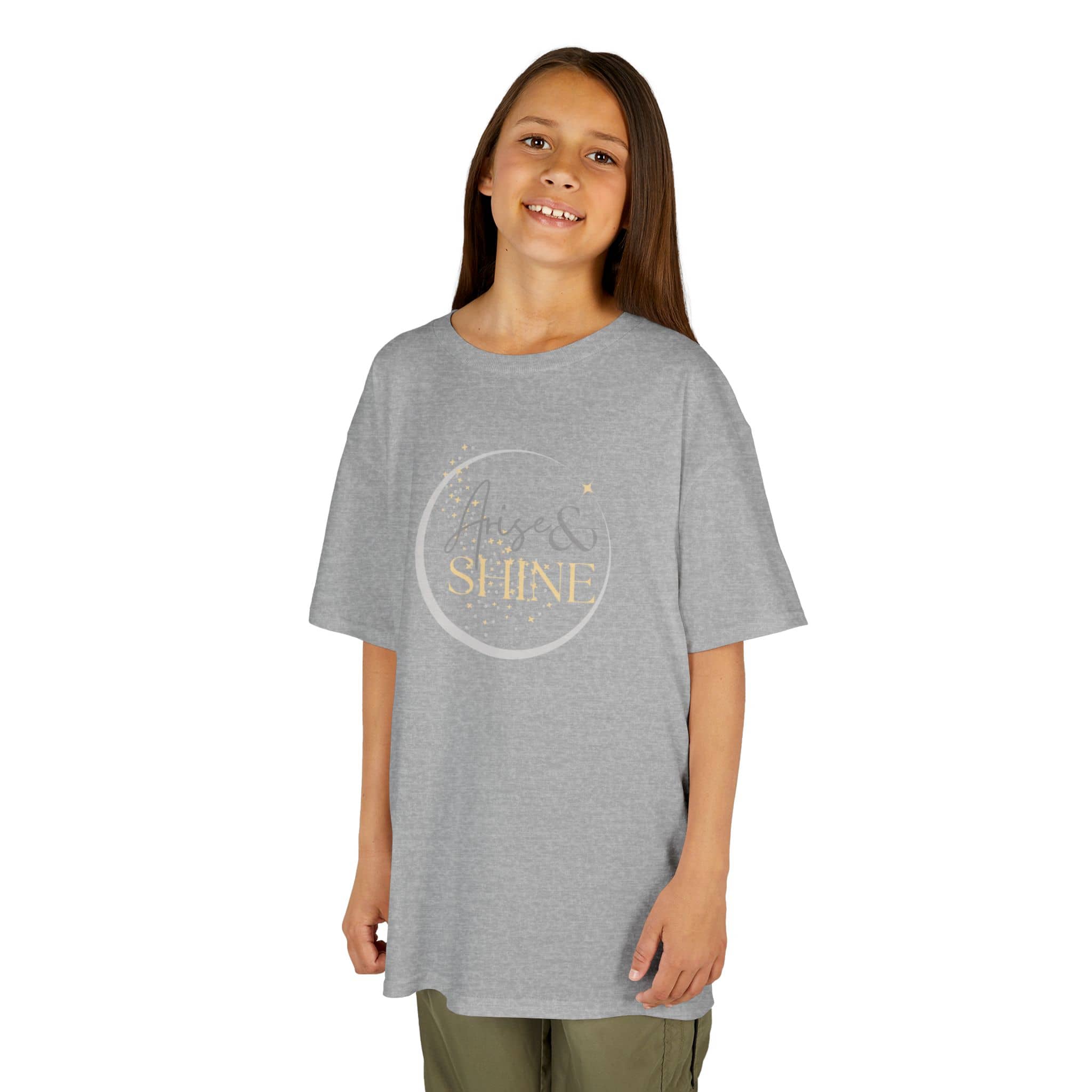 Girl wearing gray Scripture design junior shirt with shine graphic from Logos Co. kids clothes