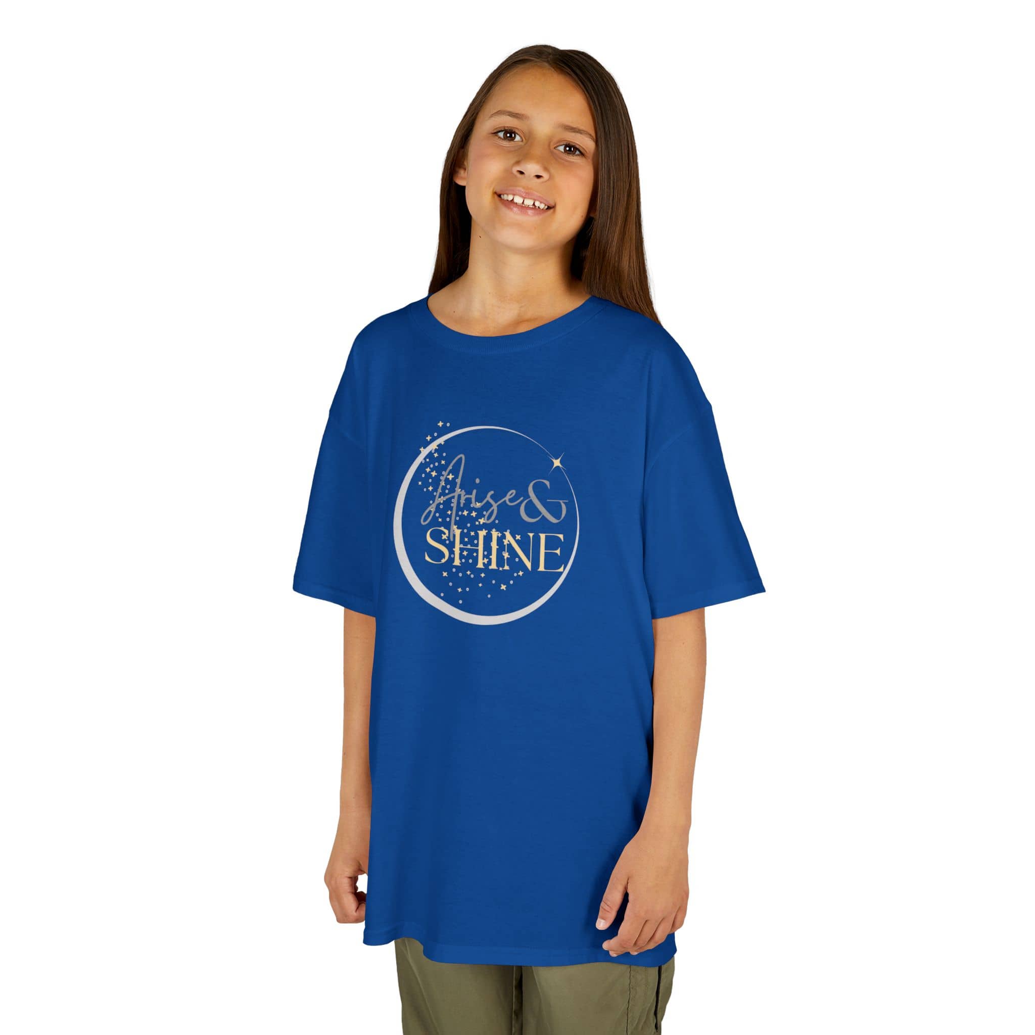 Girl wearing a blue Scripture design junior shirt with Rise and Shine graphic from Logos Co.