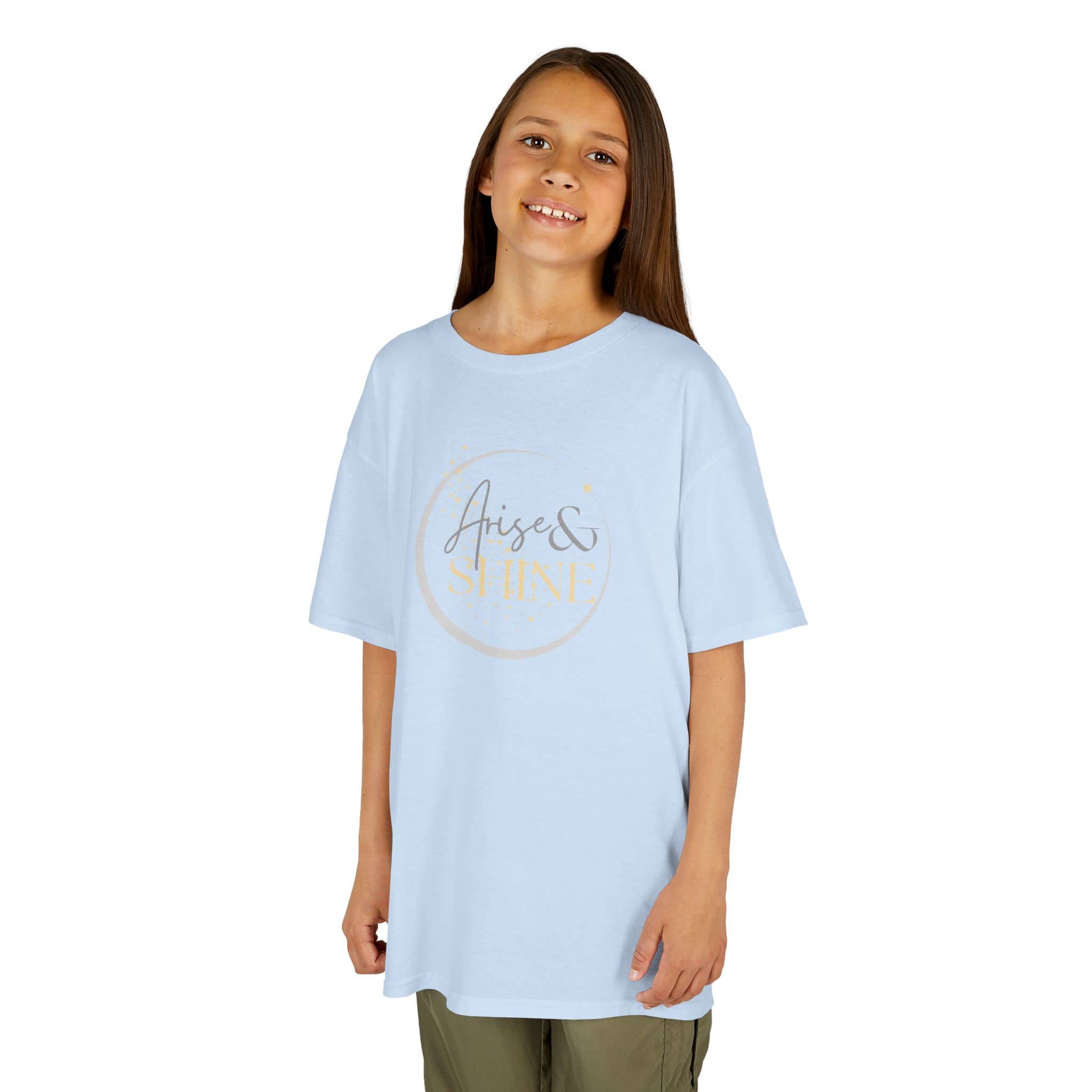 Light blue Scripture design junior shirt with Arise and Shine graphic worn by smiling kid