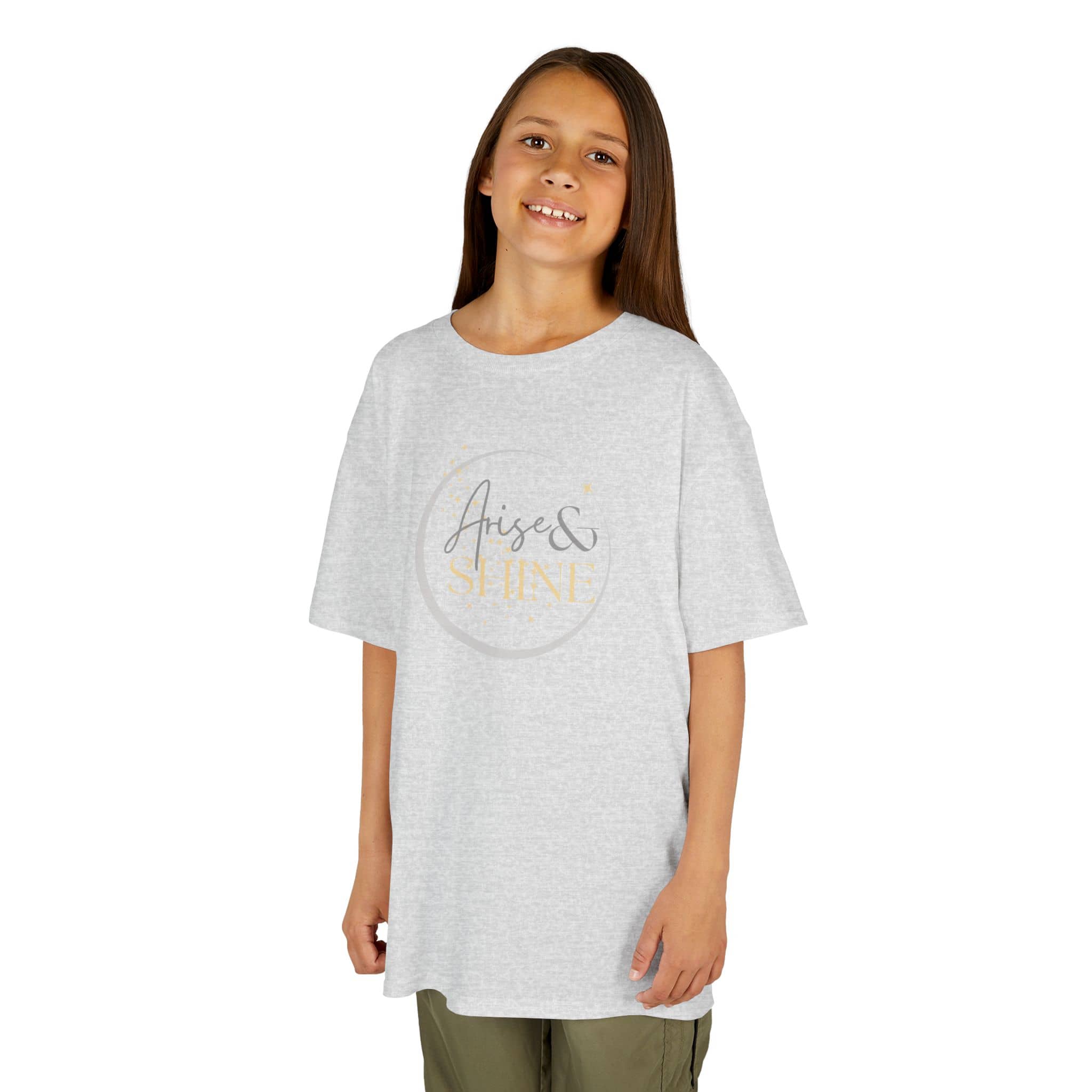Girl wearing a gray Scripture design junior shirt with Arise and Shine text by Logos Co.