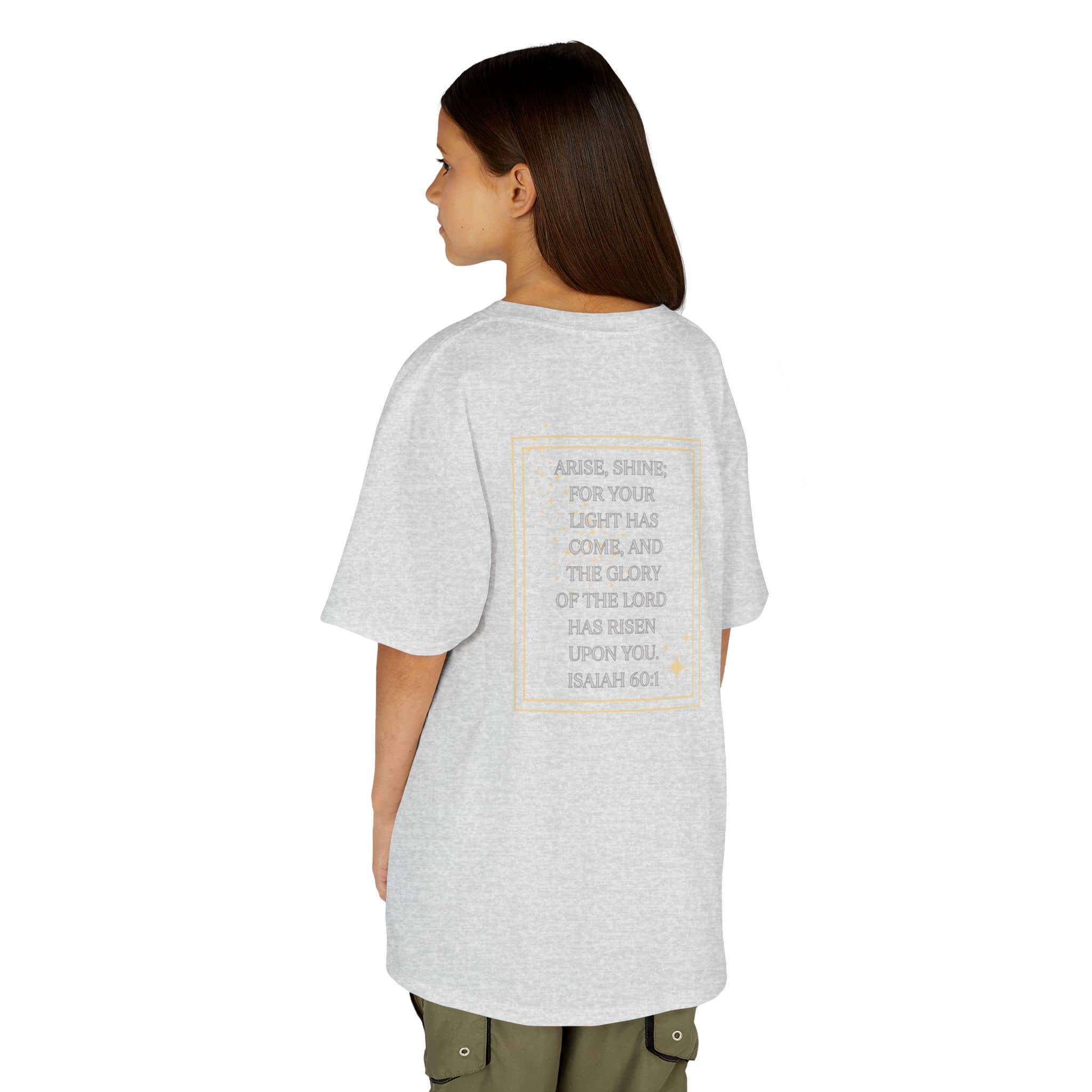 Gray kids shirt with scripture design junior shirt printed on back featuring Isaiah 60 verse