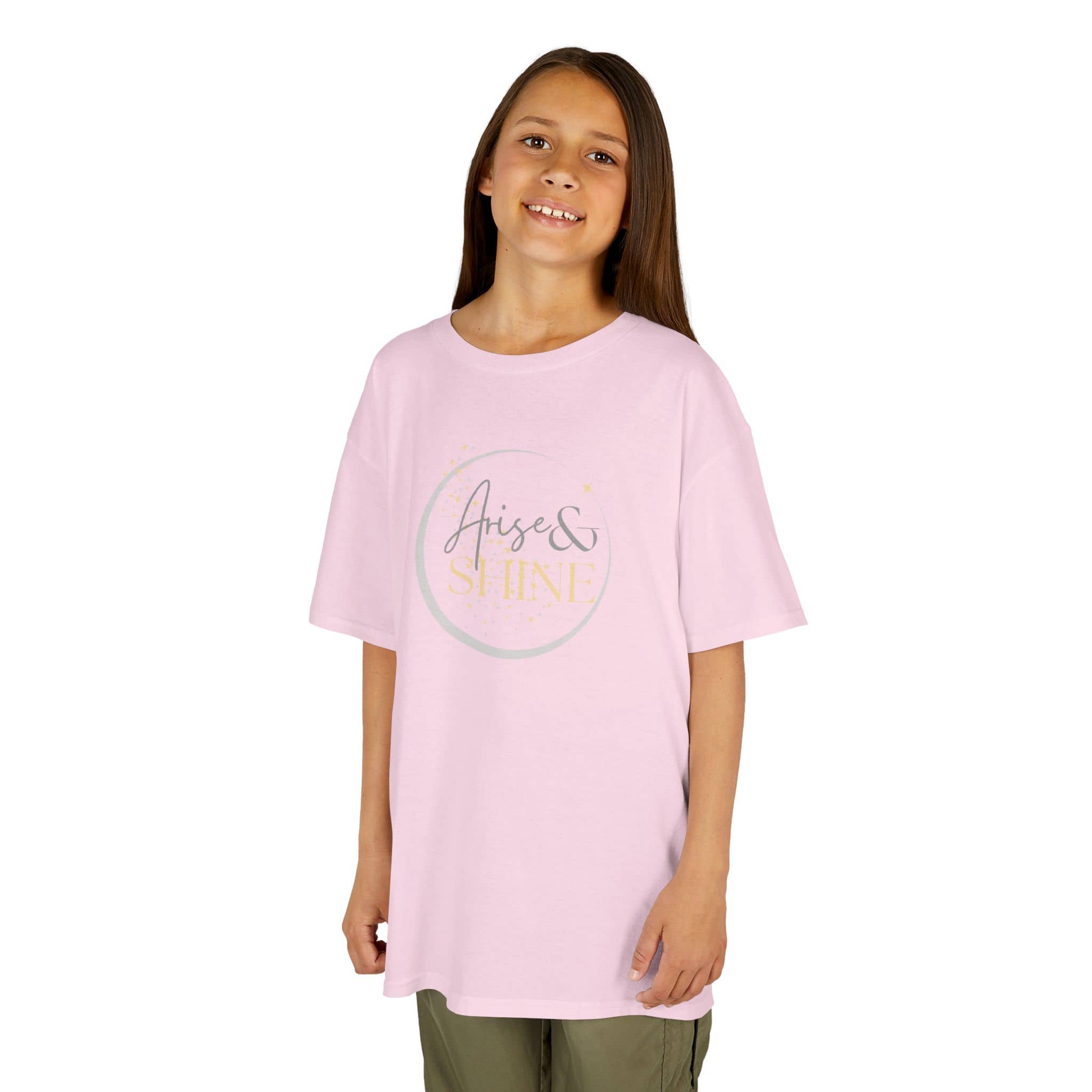 Girl wearing a pink Scripture design junior shirt with Arise and Shine text from Logos Co.  kids clothes