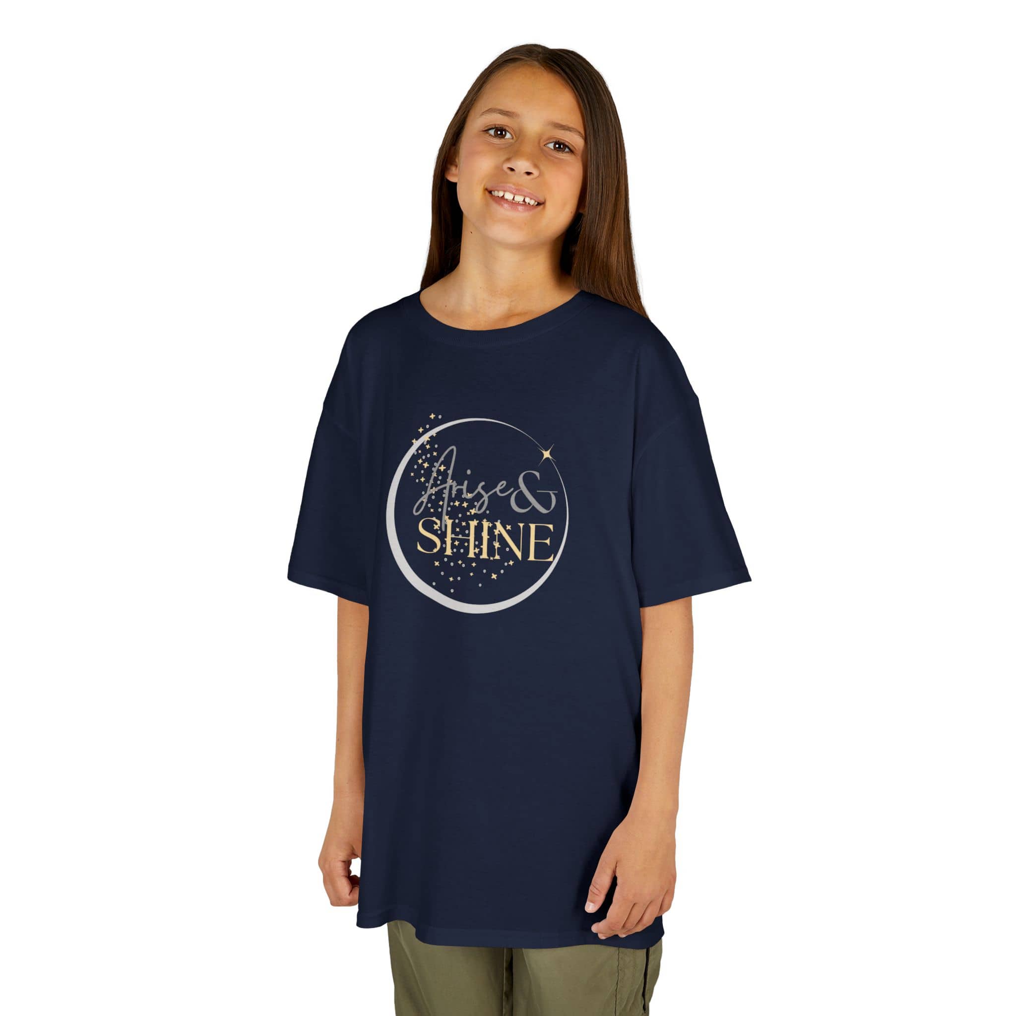 Kids navy Scripture design junior shirt with gold Rise and Shine text worn by smiling child